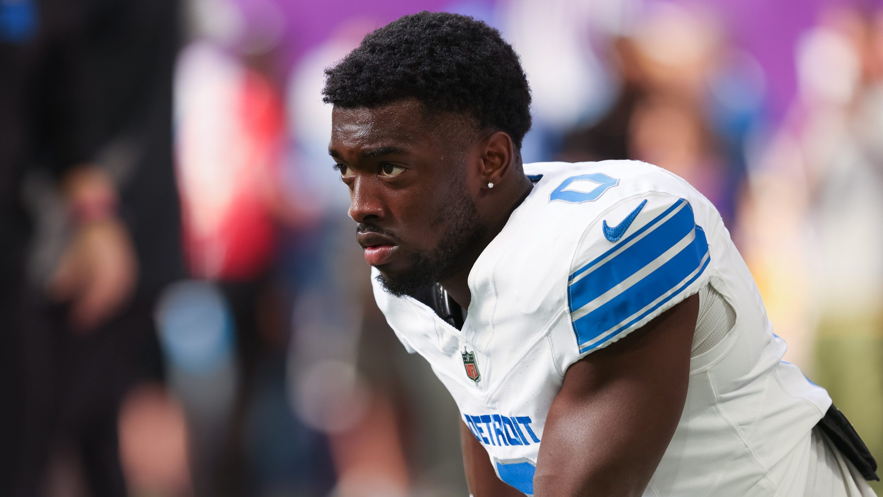 Detroit Lions cornerback Terrion Arnold (0) looks on before the NFL game between the Detroit Lions and the Minnesota Vikings on October 20, 2024, at U.S. Bank Stadium in Minneapolis, MN.