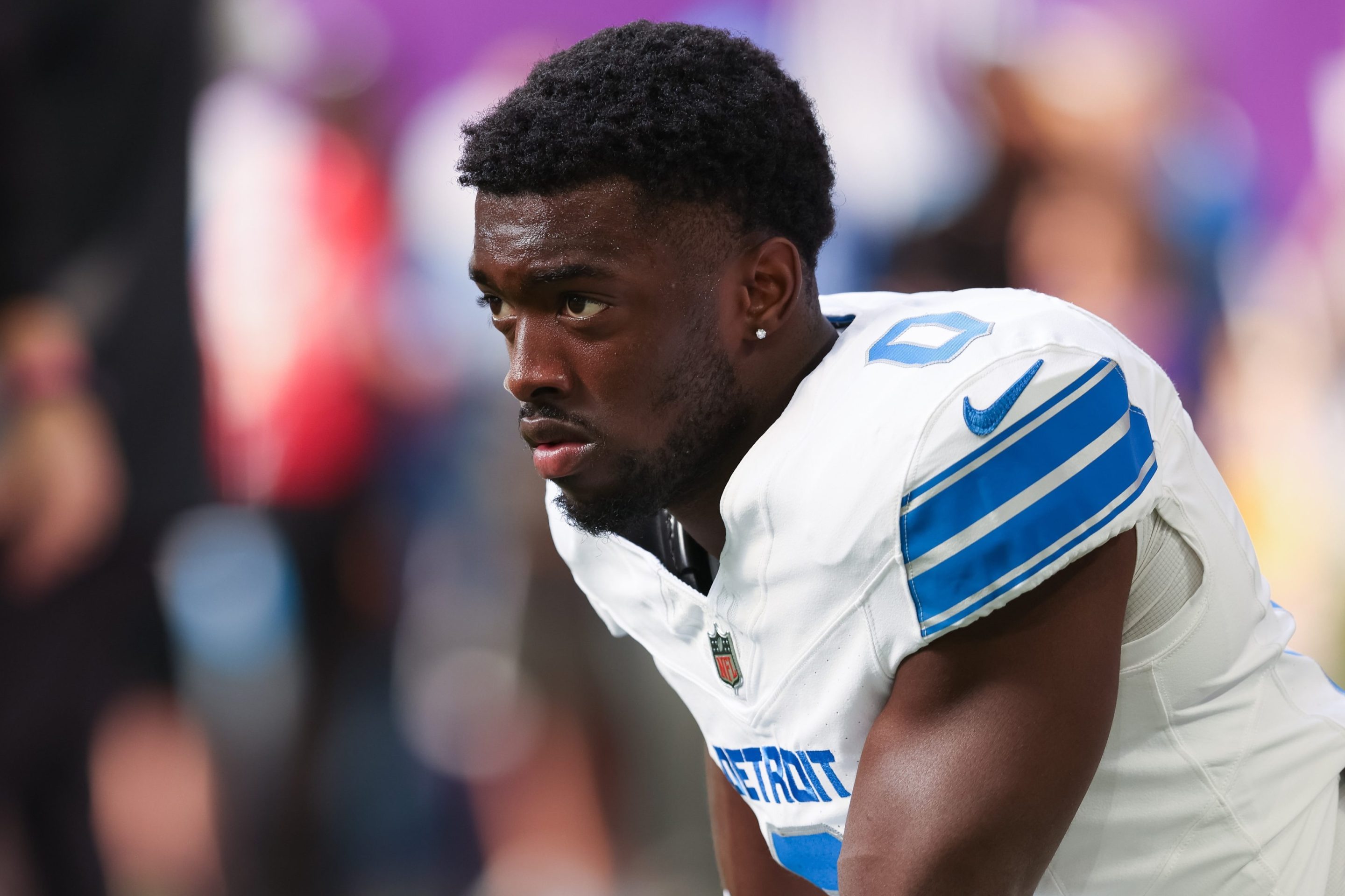 Detroit Lions cornerback Terrion Arnold (0) looks on before the NFL game between the Detroit Lions and the Minnesota Vikings on October 20, 2024, at U.S. Bank Stadium in Minneapolis, MN.