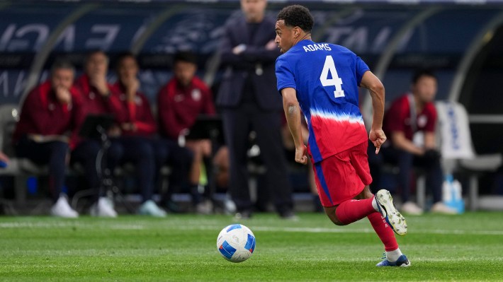 Tyler Adams #4 of USA moves towards the box during a CONCACAF Nations League game between Panama and USMNT at on March 20, 2025 in Inglewood, California.