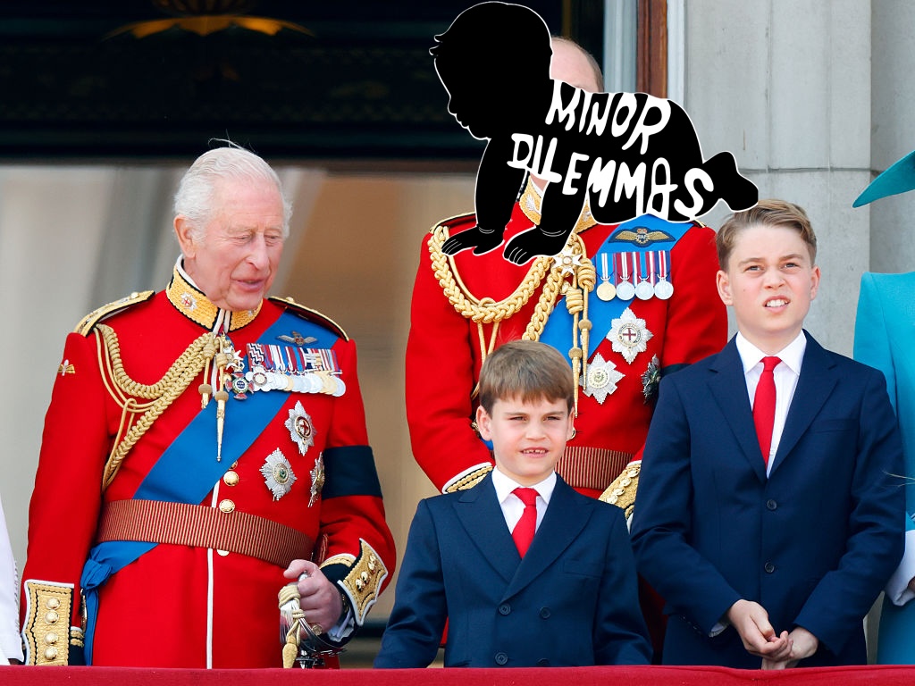 King Charles III , with his son, Prince William, and grandsons George and Louis, standing on the balcony of Buckingham Palace.
