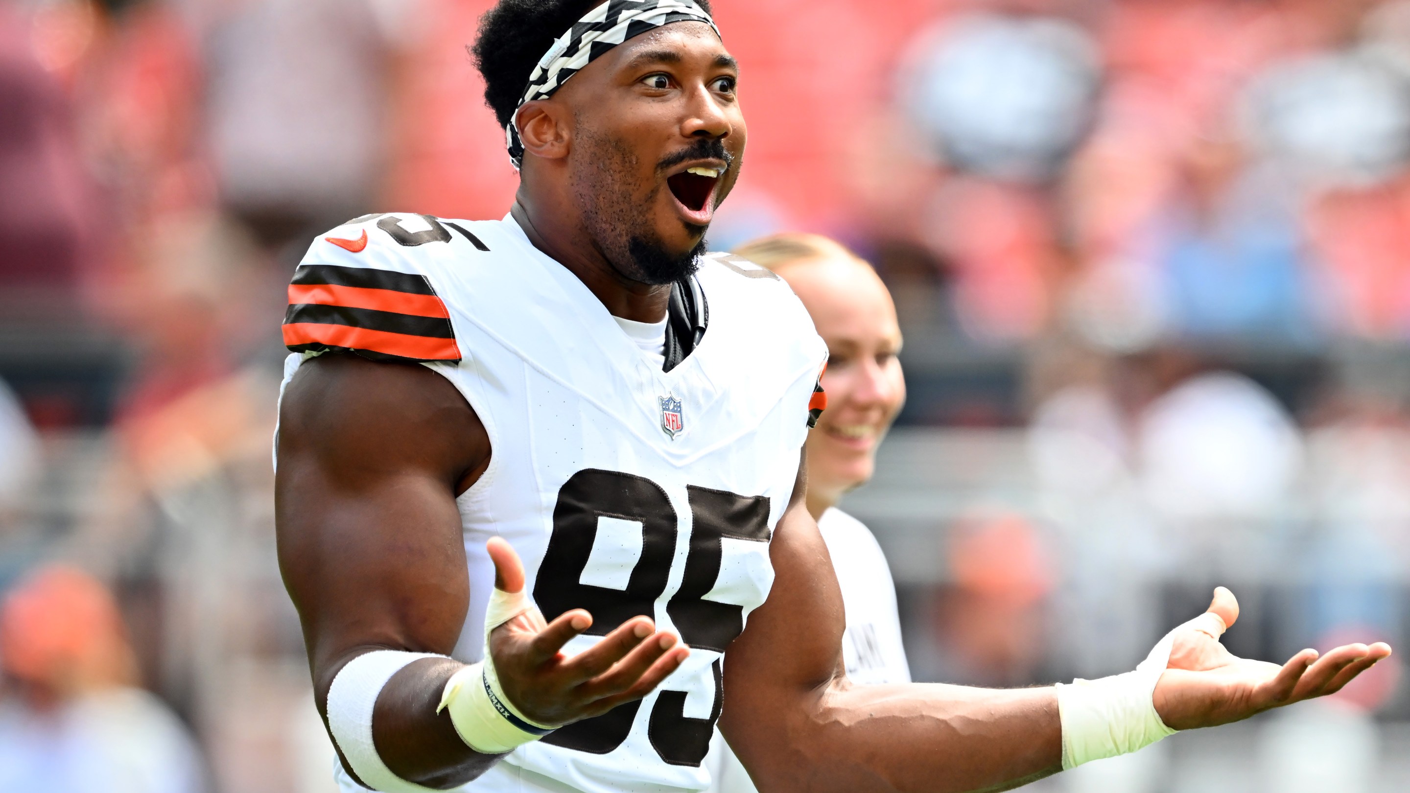 CLEVELAND, OHIO - AUGUST 23: Defensive end Myles Garrett #95 of the Cleveland Browns reacts as he warms up before an NFL Preseason 2025 game against the Los Angeles Rams at Huntington Bank Field on August 23, 2025 in Cleveland, Ohio. (Photo by Jason Miller/Getty Images)