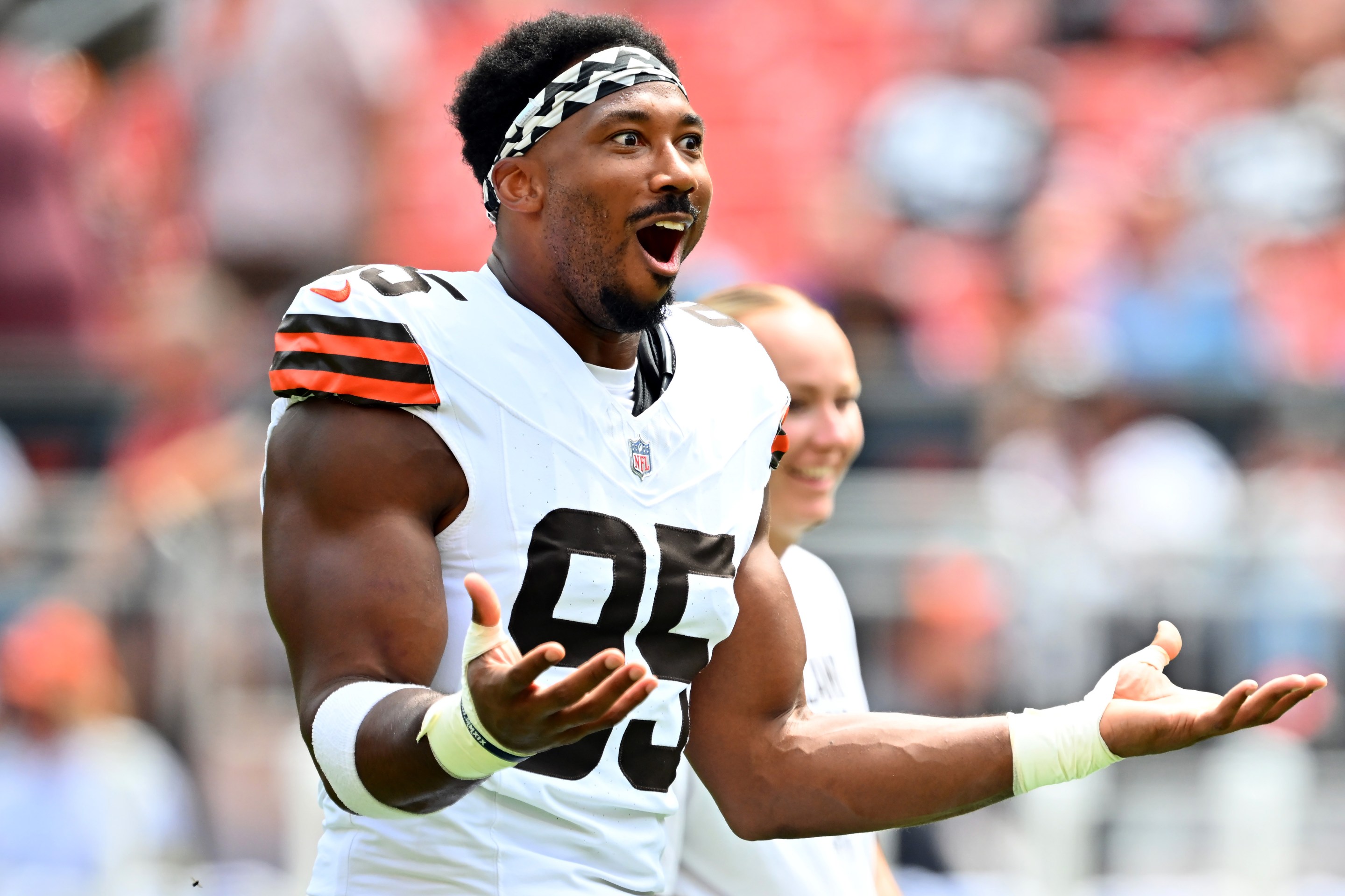 CLEVELAND, OHIO - AUGUST 23: Defensive end Myles Garrett #95 of the Cleveland Browns reacts as he warms up before an NFL Preseason 2025 game against the Los Angeles Rams at Huntington Bank Field on August 23, 2025 in Cleveland, Ohio. (Photo by Jason Miller/Getty Images)