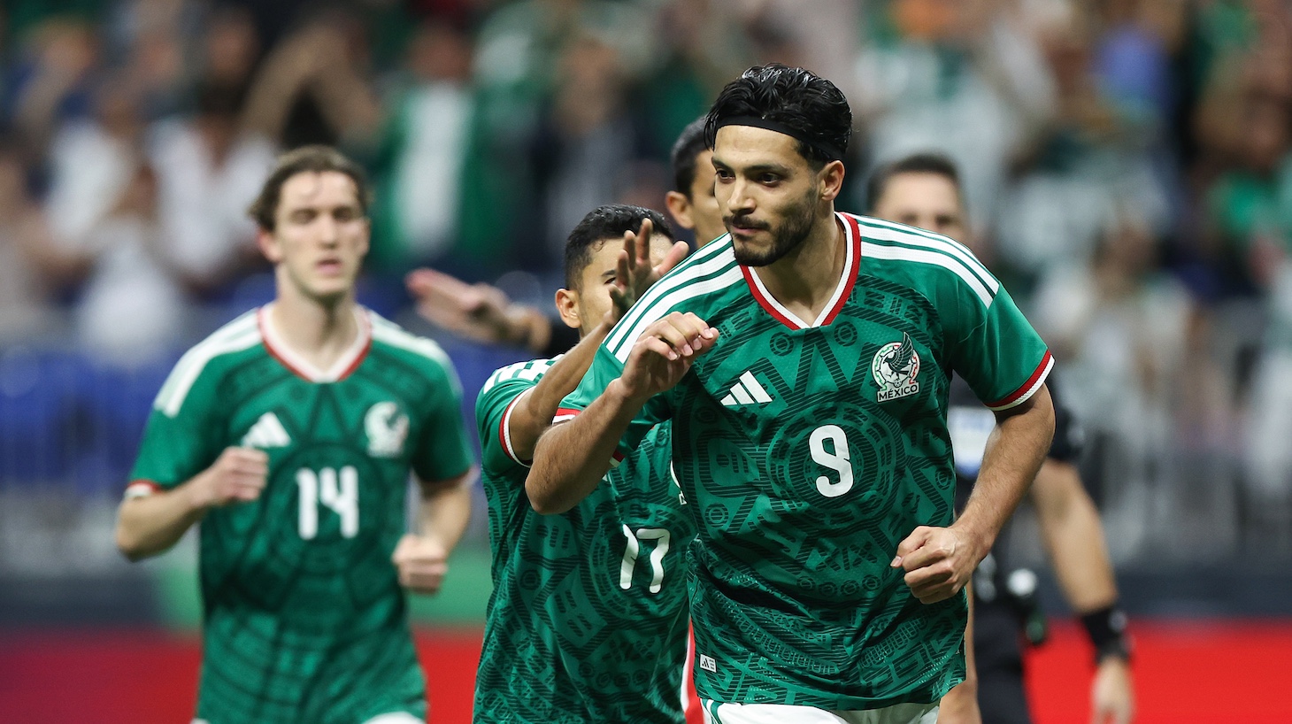 Raul Jimenez of Mexico celebrates after scoring a penalti during an international friendly match between Mexico and Paraguay.