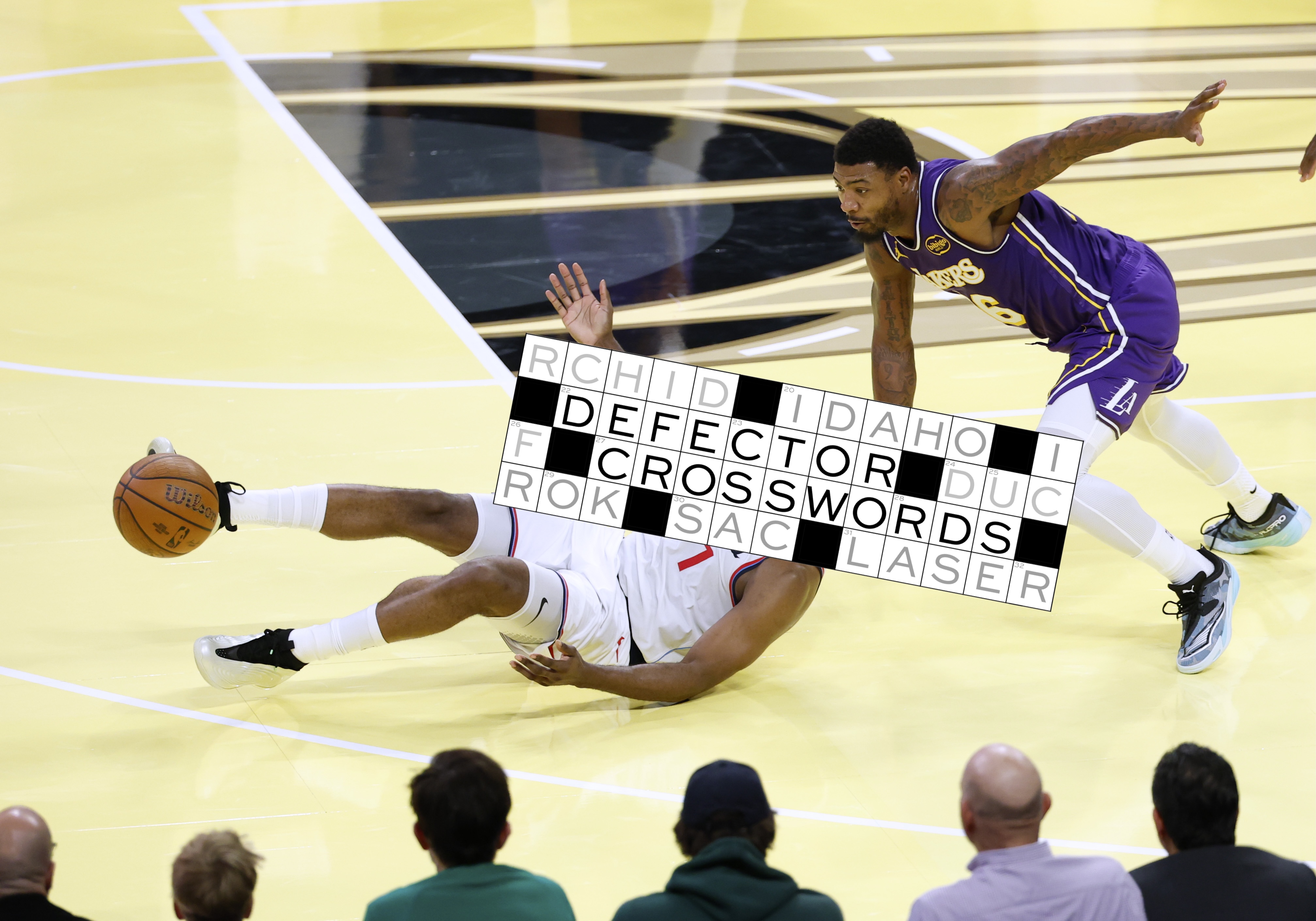 James Harden #1 of the LA Clippers reacts as he is fouled by Marcus Smart #36 of the Los Angeles Lakers during a 135-118 Los Angeles Lakers win at Crypto.com Arena on November 25, 2025 in Los Angeles, California.