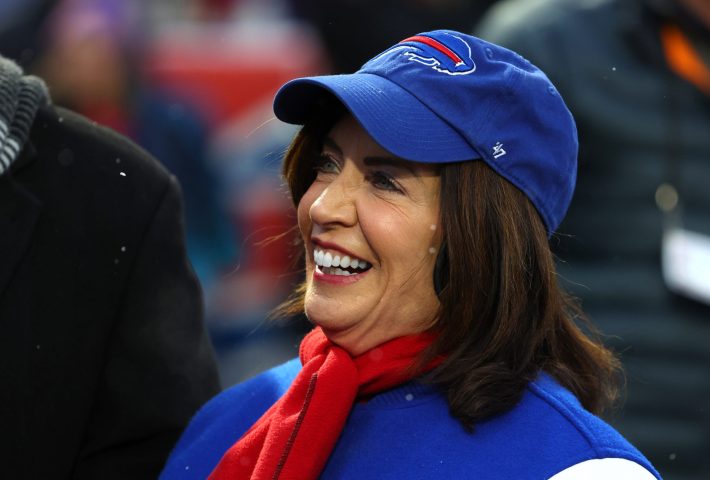 ORCHARD PARK, NEW YORK - JANUARY 4: New York State Governor Kathy Hochul on the field before a game between the Buffalo Bills and the New York Jets at Highmark Stadium on January 4, 2026 in Orchard Park, New York.