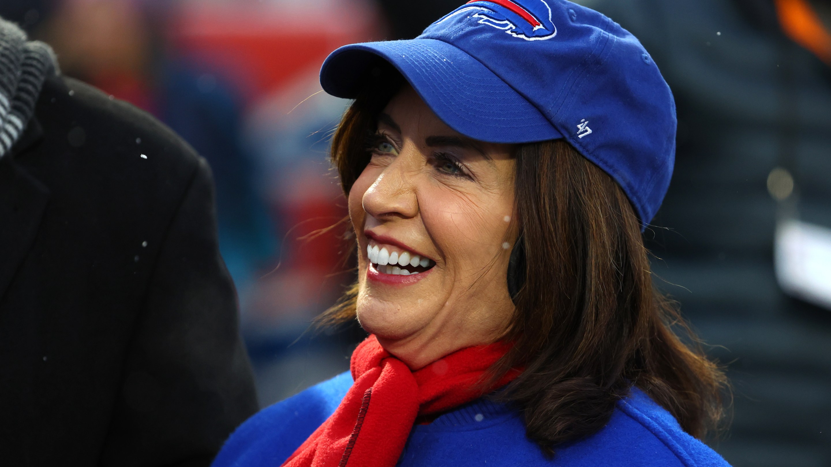 New York State Governor Kathy Hochul on the field before a game between the Buffalo Bills and the New York Jets