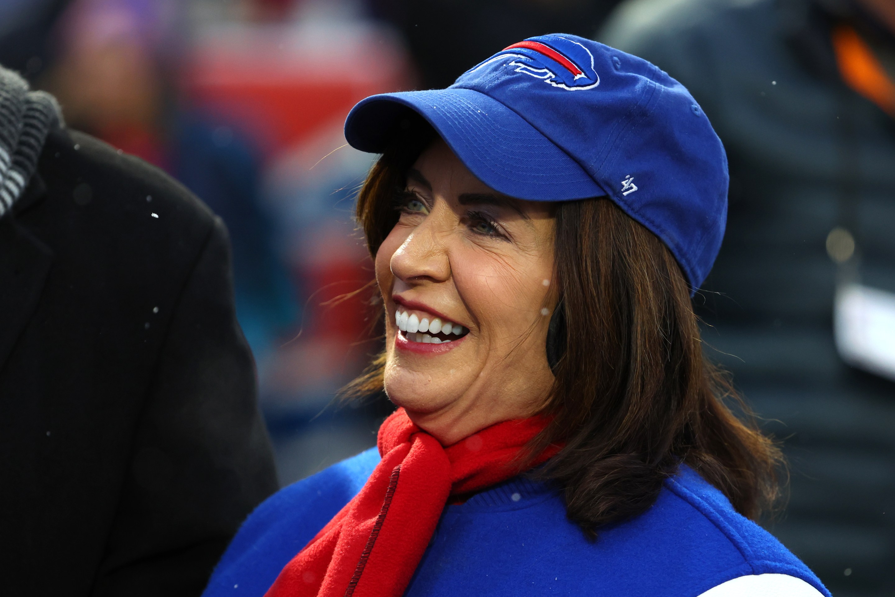New York State Governor Kathy Hochul on the field before a game between the Buffalo Bills and the New York Jets