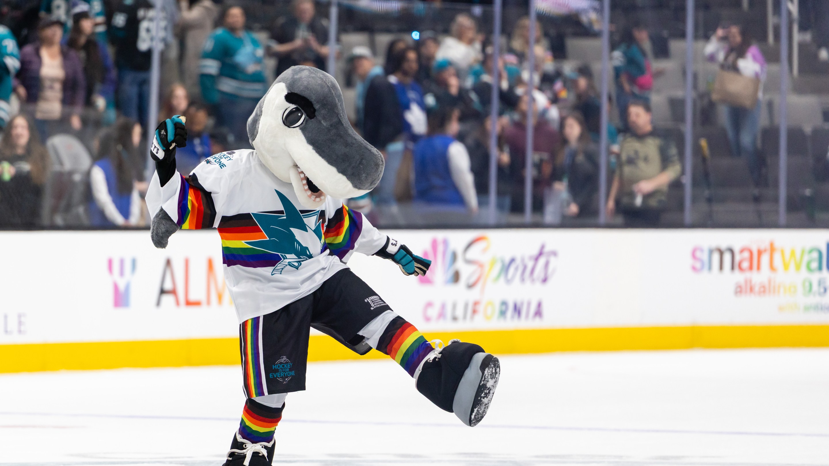 SAN JOSE, CA - APRIL 02: San Jose Sharks mascot "S.J. Sharkie" celebrates in a Pride jersey after a win in a game against the Toronto Maple Leafs on April 2, 2026 at SAP Center at San Jose in San Jose, CA. (Photo by Matthew Huang/Icon Sportswire via Getty Images)