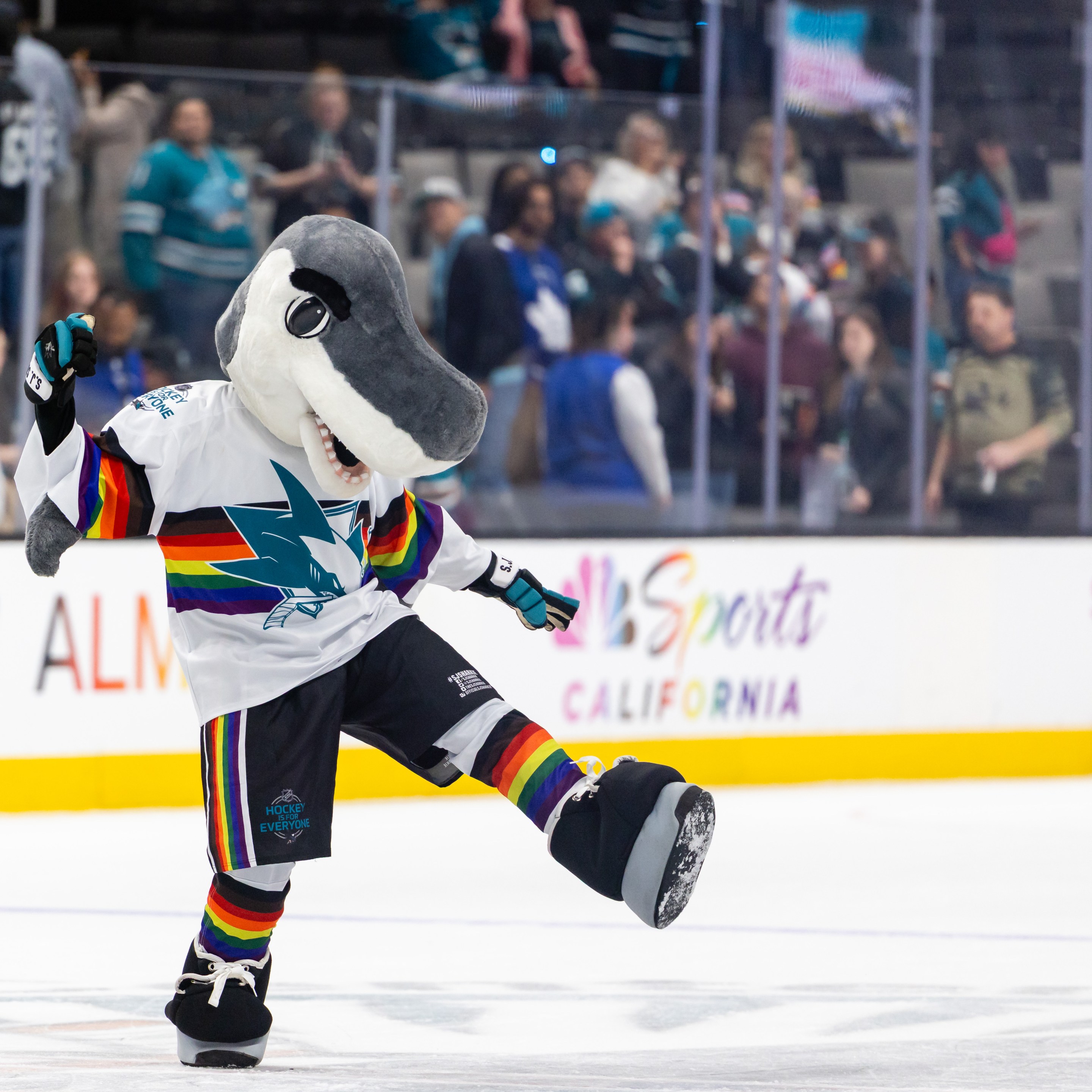 SAN JOSE, CA - APRIL 02: San Jose Sharks mascot "S.J. Sharkie" celebrates in a Pride jersey after a win in a game against the Toronto Maple Leafs on April 2, 2026 at SAP Center at San Jose in San Jose, CA. (Photo by Matthew Huang/Icon Sportswire via Getty Images)