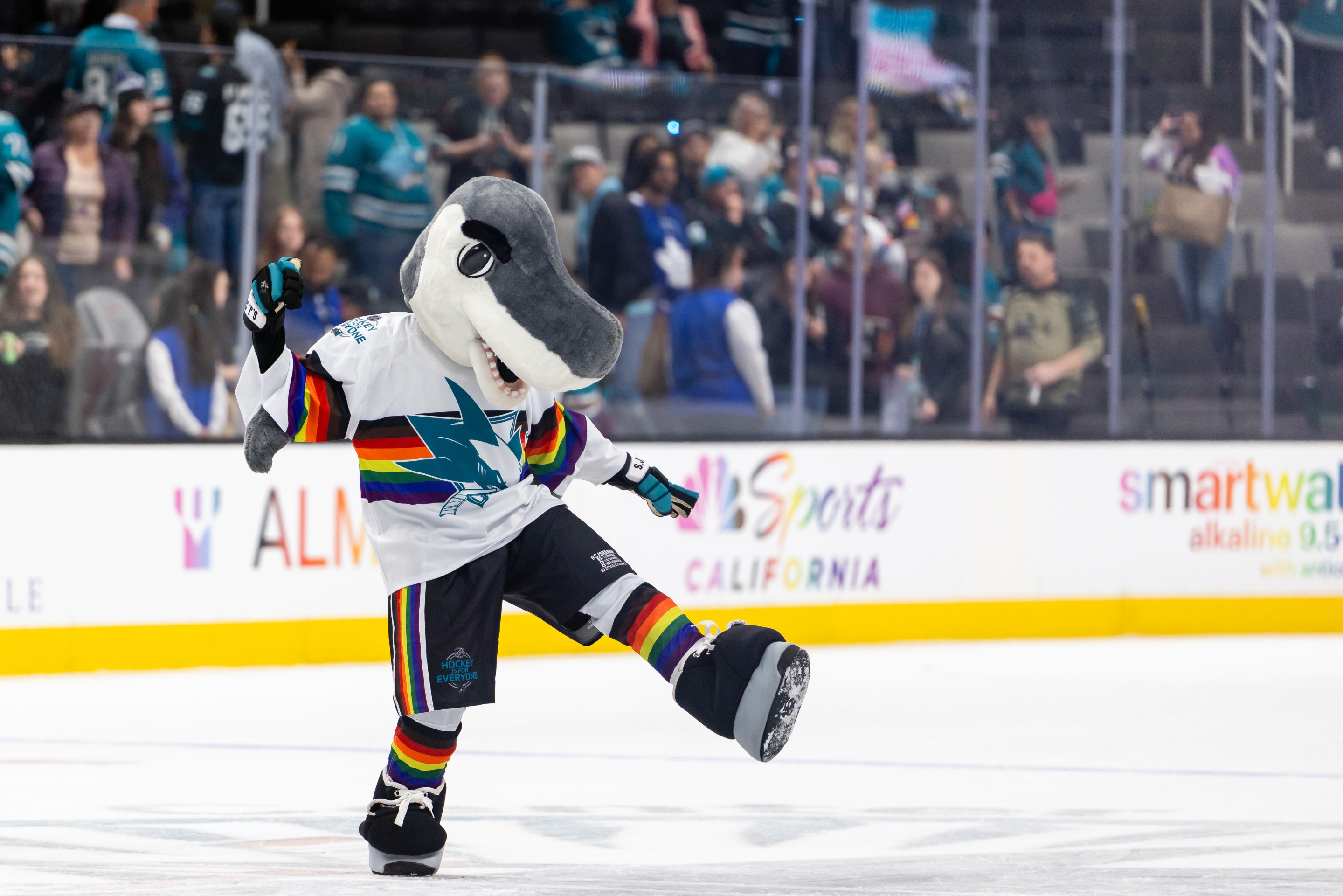 SAN JOSE, CA - APRIL 02: San Jose Sharks mascot "S.J. Sharkie" celebrates in a Pride jersey after a win in a game against the Toronto Maple Leafs on April 2, 2026 at SAP Center at San Jose in San Jose, CA. (Photo by Matthew Huang/Icon Sportswire via Getty Images)