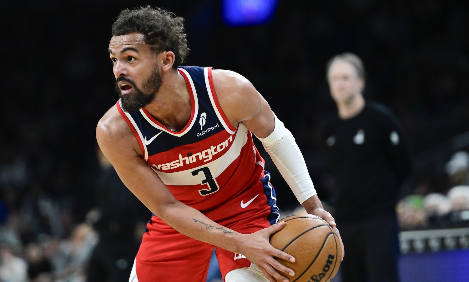 BOSTON, MASSACHUSETTS - MARCH 14: Trae Young #3 of the Washington Wizards looks on during a game against the Boston Celtics at TD Garden on March 14, 2026 in Boston, Massachusetts. NOTE TO USER: User expressly acknowledges and agrees that, by downloading and or using this photograph, User is consenting to the terms and conditions of the Getty Images License Agreement. (Photo by Jaiden Tripi/Getty Images)