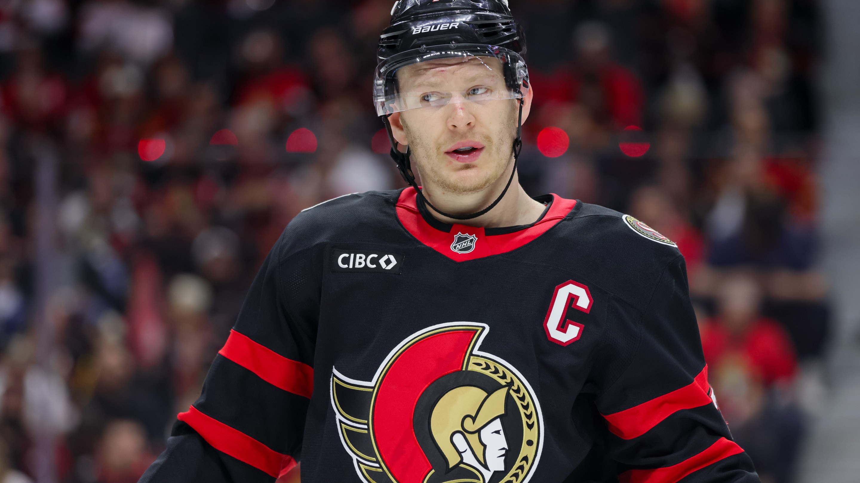 OTTAWA, ON - APRIL 25: Brady Tkachuk #7 of the Ottawa Senators takes a break during a stoppage in play against the Carolina Hurricanes in Game Four of the First Round of the 2026 Stanley Cup Playoffs on April 25, 2026, at Canadian Tire Centre in Ottawa, ON, Canada. (Photo by Richard A. Whittaker/Icon Sportswire via Getty Images)