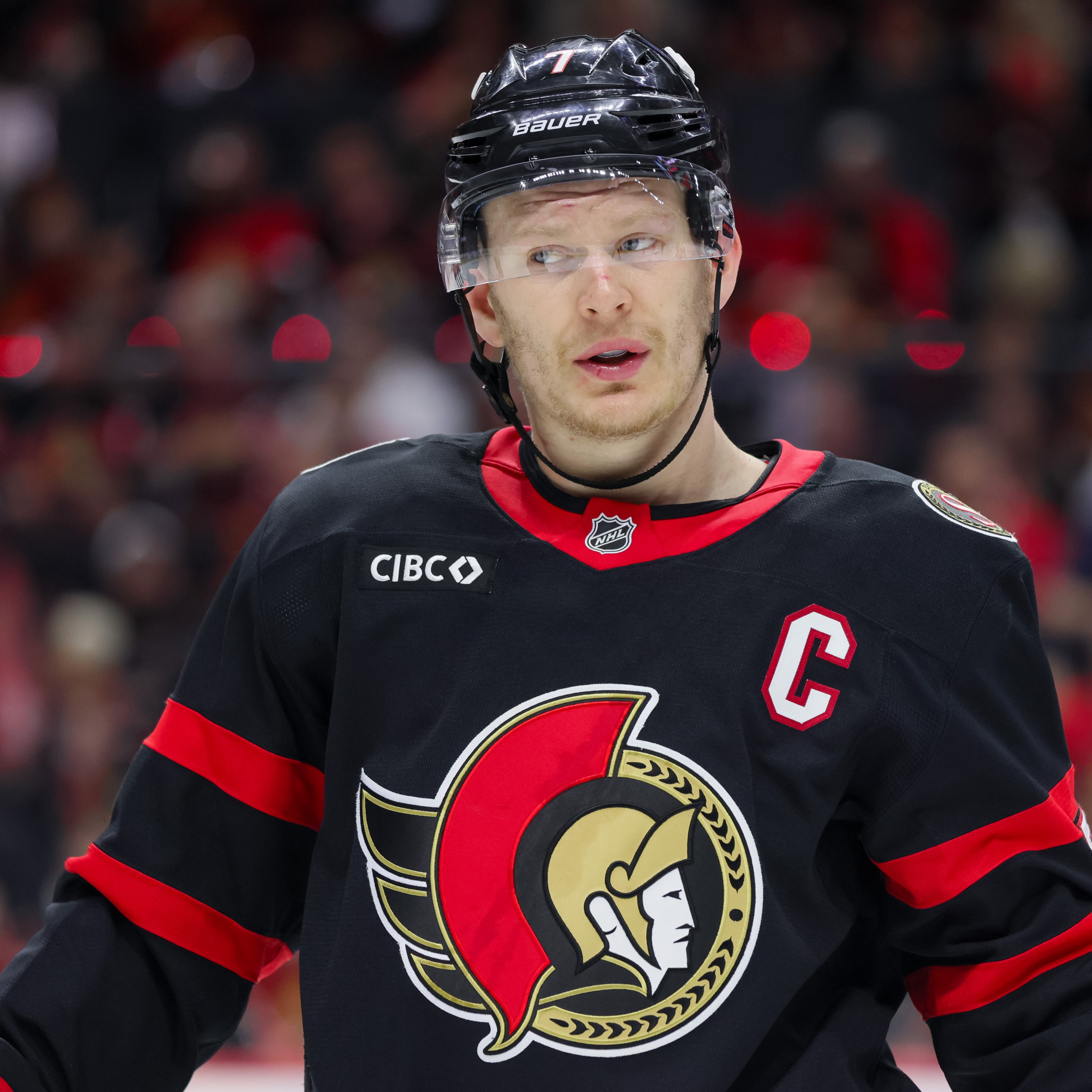 OTTAWA, ON - APRIL 25: Brady Tkachuk #7 of the Ottawa Senators takes a break during a stoppage in play against the Carolina Hurricanes in Game Four of the First Round of the 2026 Stanley Cup Playoffs on April 25, 2026, at Canadian Tire Centre in Ottawa, ON, Canada. (Photo by Richard A. Whittaker/Icon Sportswire via Getty Images)