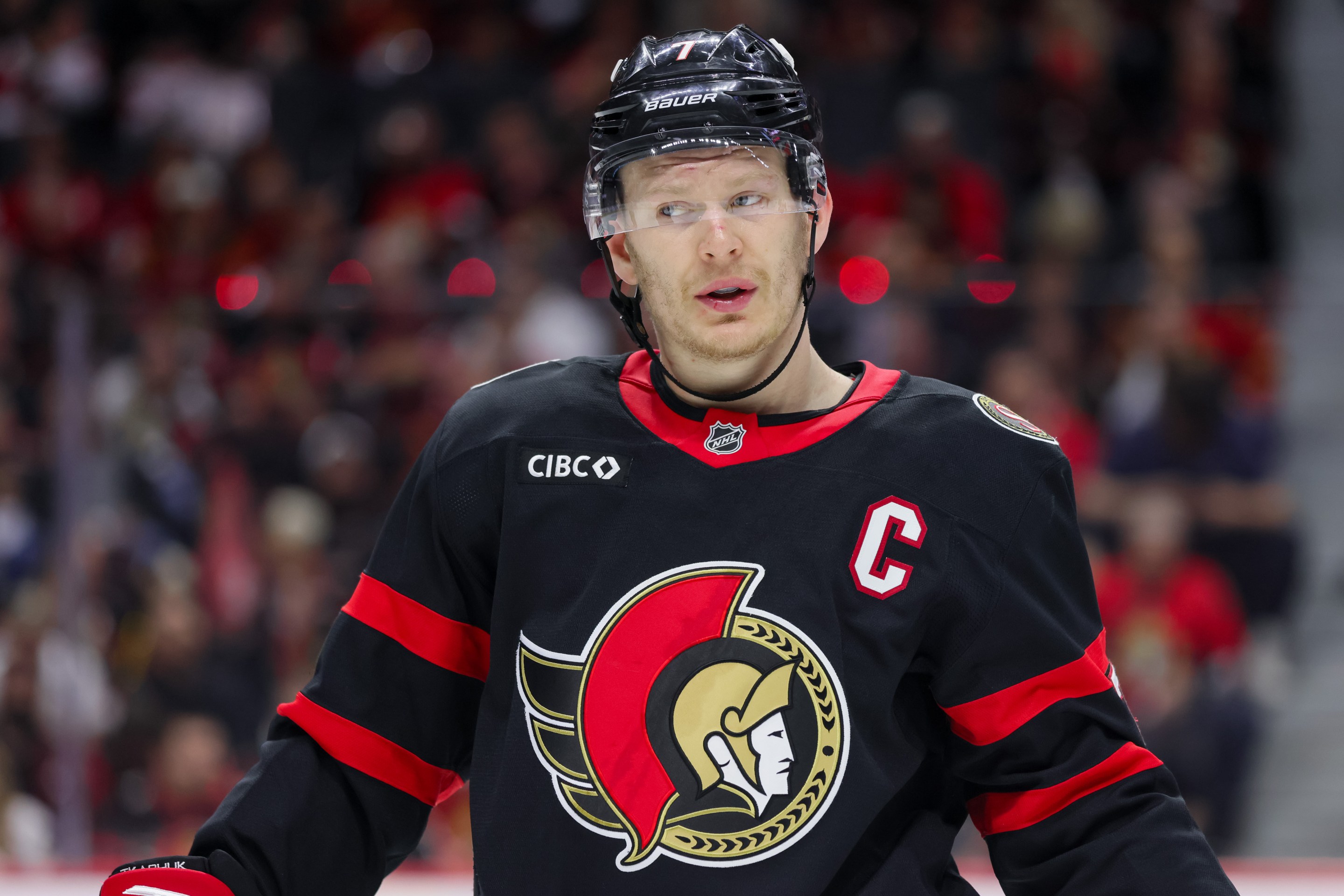 OTTAWA, ON - APRIL 25: Brady Tkachuk #7 of the Ottawa Senators takes a break during a stoppage in play against the Carolina Hurricanes in Game Four of the First Round of the 2026 Stanley Cup Playoffs on April 25, 2026, at Canadian Tire Centre in Ottawa, ON, Canada. (Photo by Richard A. Whittaker/Icon Sportswire via Getty Images)