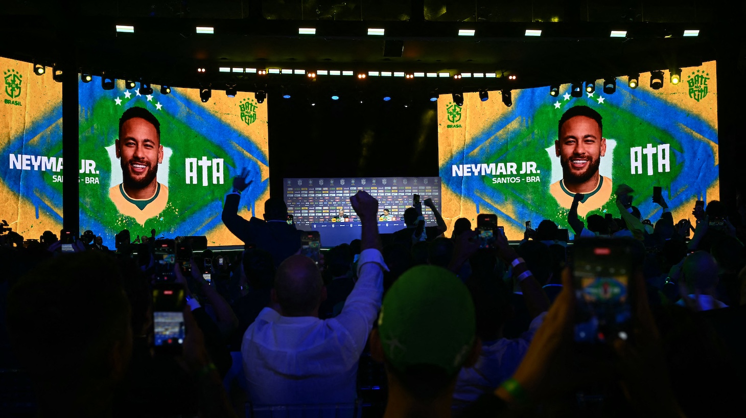 People celebrate after the announcement of Brazilian footballer Neymar Jr. during an event to announce Brazil's squad for the 2026 FIFA World Cup at the Museum of Tomorrow, in downtown Rio de Janeiro, Brazil.