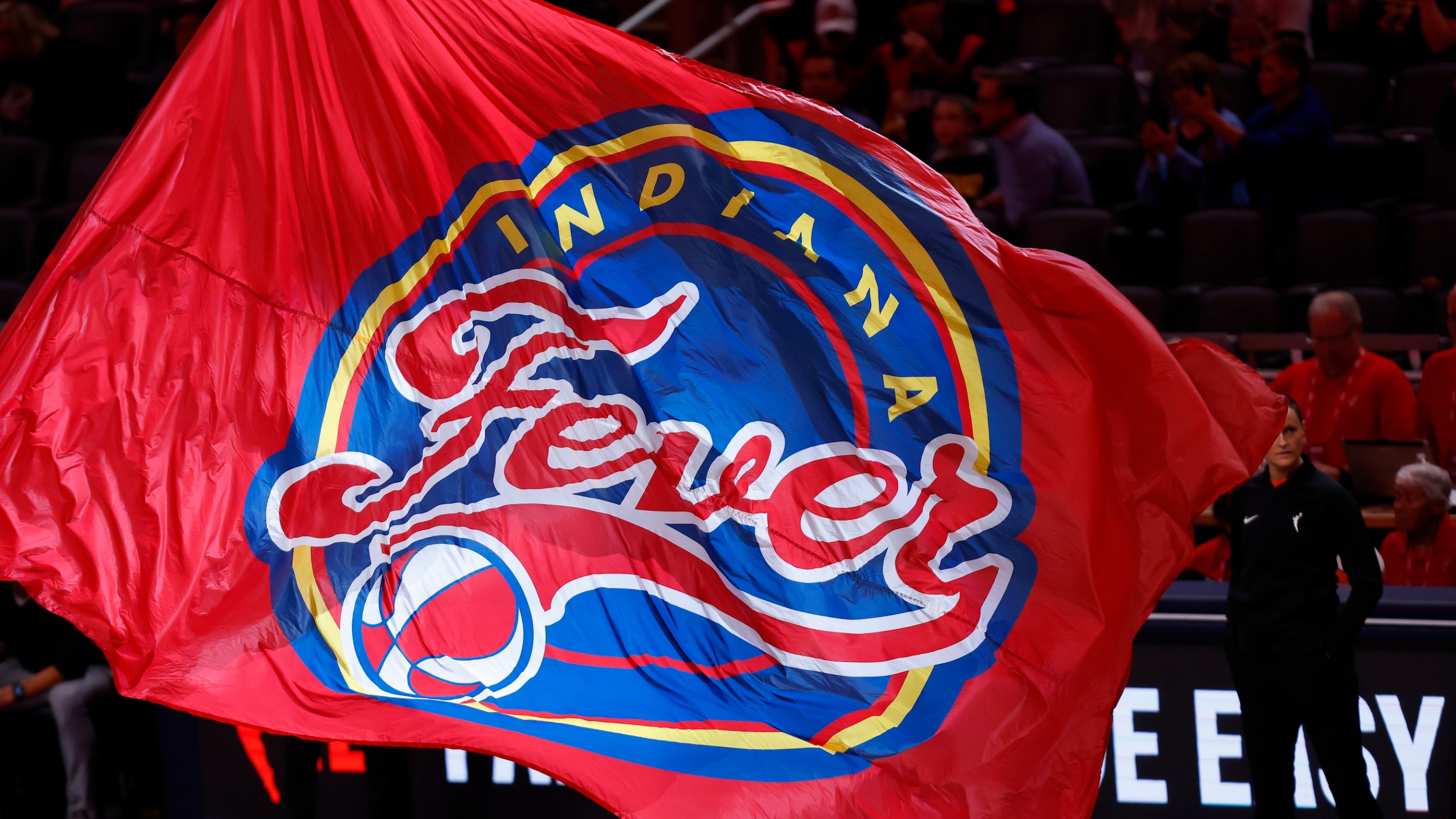The Indiana Fever flag waves during a WNBA game between the Portland Fire and the Indiana Fever on May 20, 20, 2026 at Gainbridge Fieldhouse, in Indianapolis, IN.