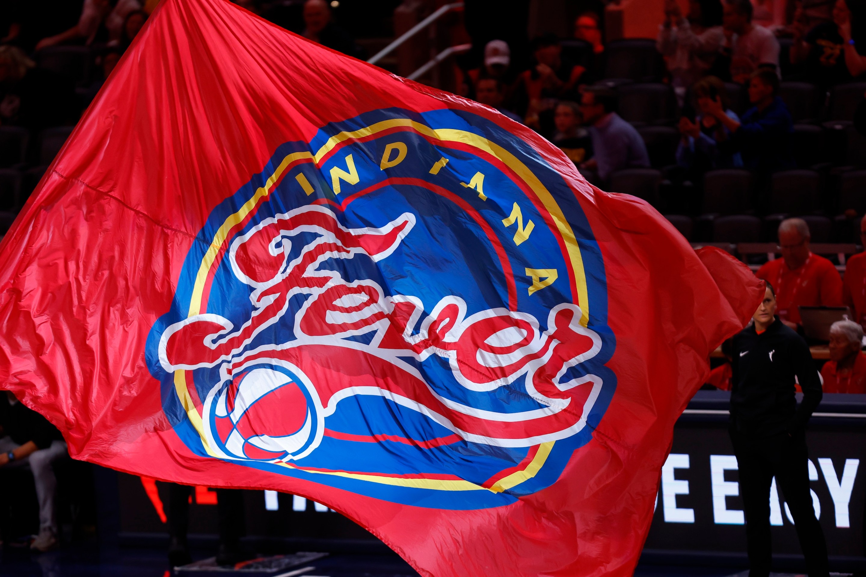 The Indiana Fever flag waves during a WNBA game between the Portland Fire and the Indiana Fever on May 20, 20, 2026 at Gainbridge Fieldhouse, in Indianapolis, IN.