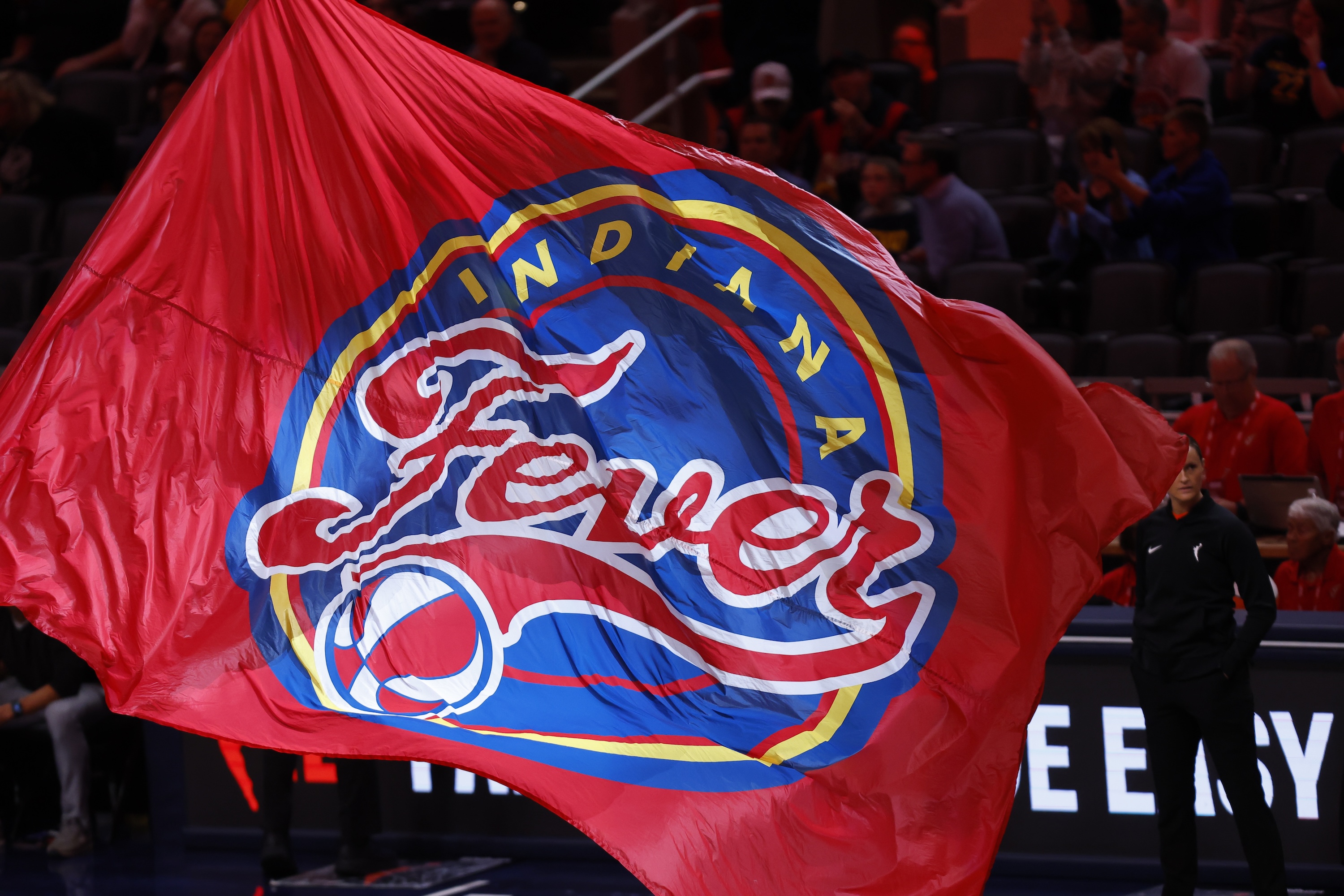 The Indiana Fever flag waves during a WNBA game between the Portland Fire and the Indiana Fever on May 20, 20, 2026 at Gainbridge Fieldhouse, in Indianapolis, IN.