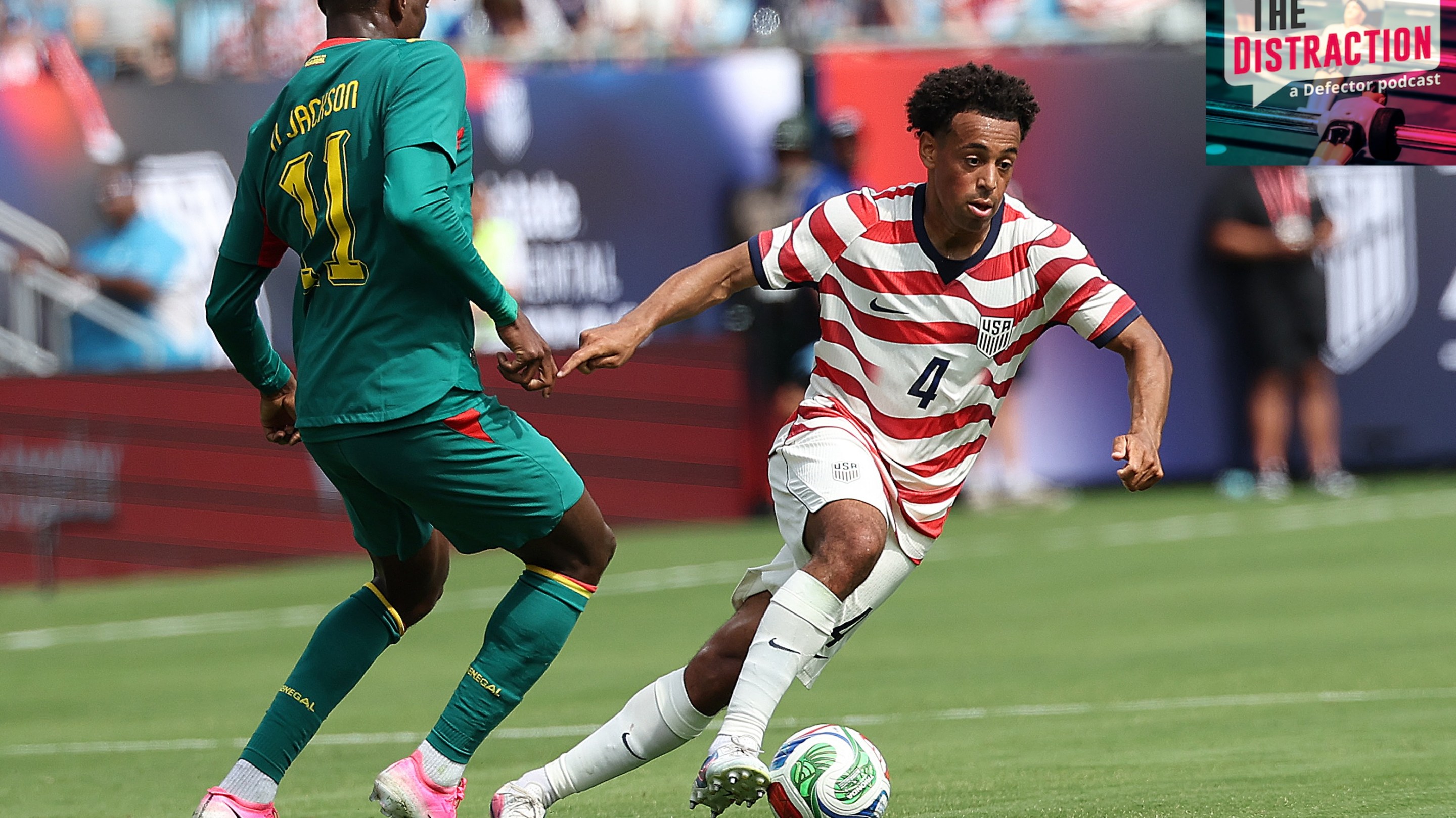 Senegal Men's Soccer Team centre-forward Nicolas Jackson (11) defends as United States Men's National Soccer Team defender Tyler Adams (4) works the ball during a FIFA soccer match between Senegal and the USA on May 31, 2026.