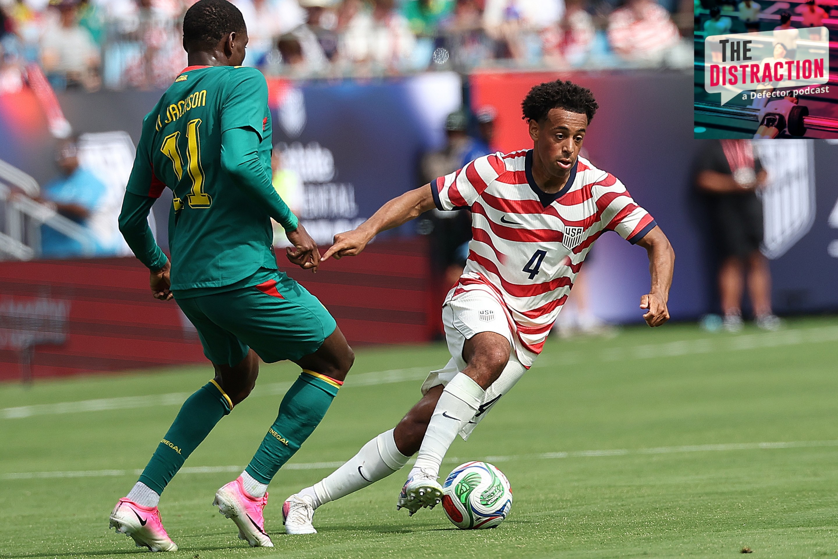 Senegal Men's Soccer Team centre-forward Nicolas Jackson (11) defends as United States Men's National Soccer Team defender Tyler Adams (4) works the ball during a FIFA soccer match between Senegal and the USA on May 31, 2026.