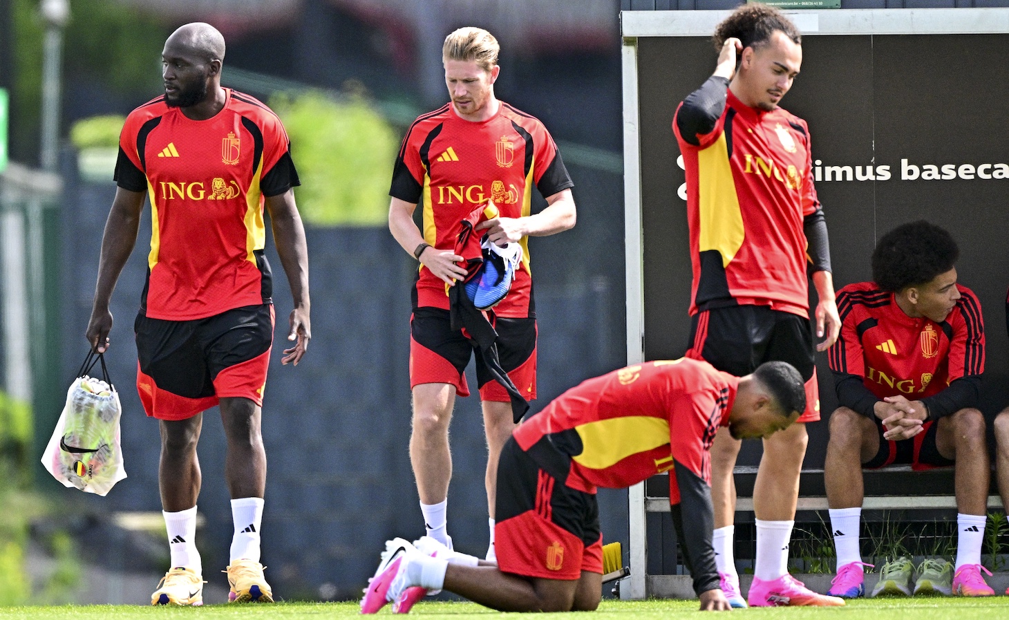 Belgium's Romelu Lukaku and Belgium's Kevin De Bruyne pictured during a training session of Belgian national soccer team.