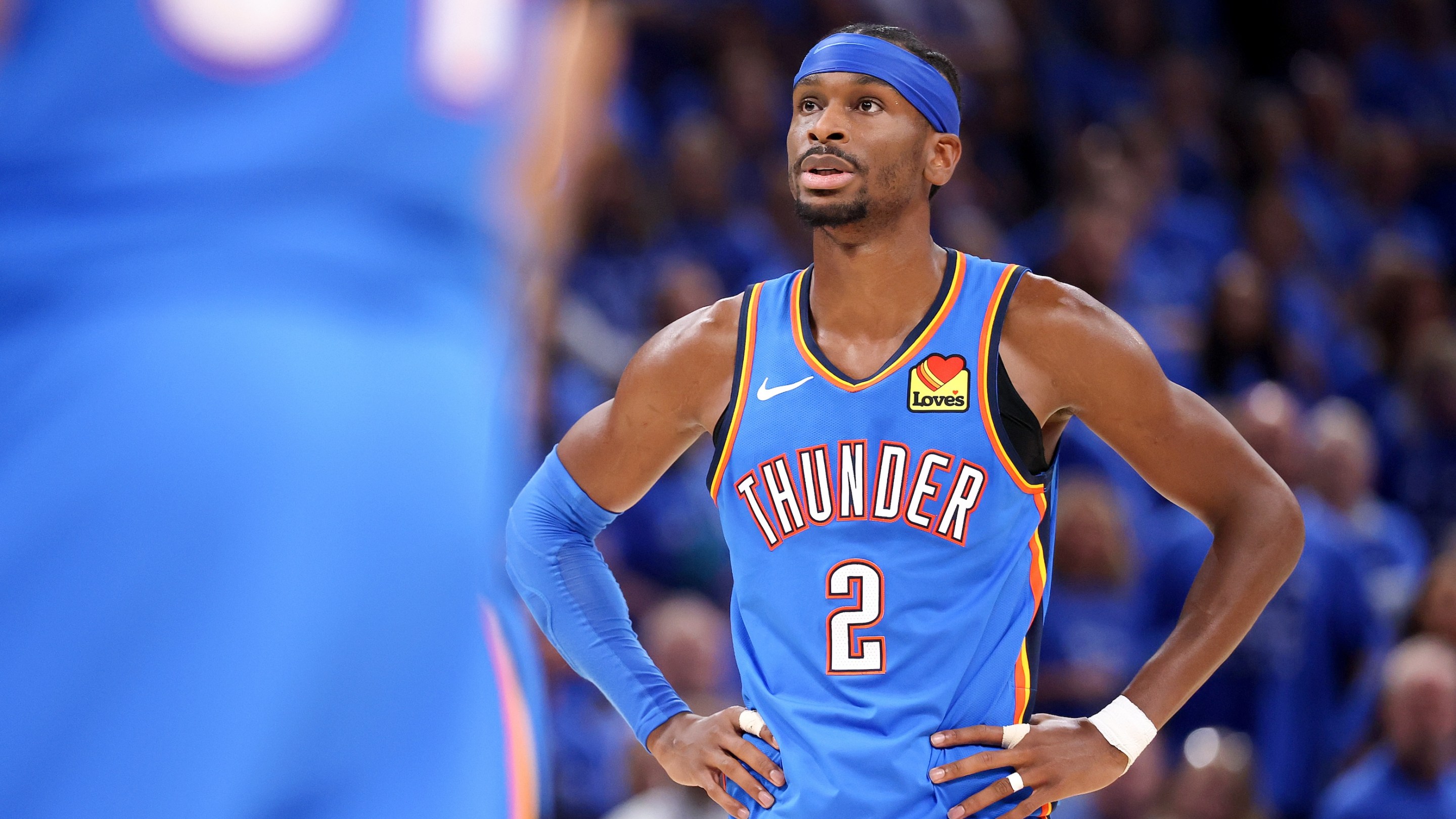 Shai Gilgeous-Alexander #2 of the Oklahoma City Thunder looks on against the San Antonio Spurs during the third quarter in Game Seven of the NBA Western Conference Finals.