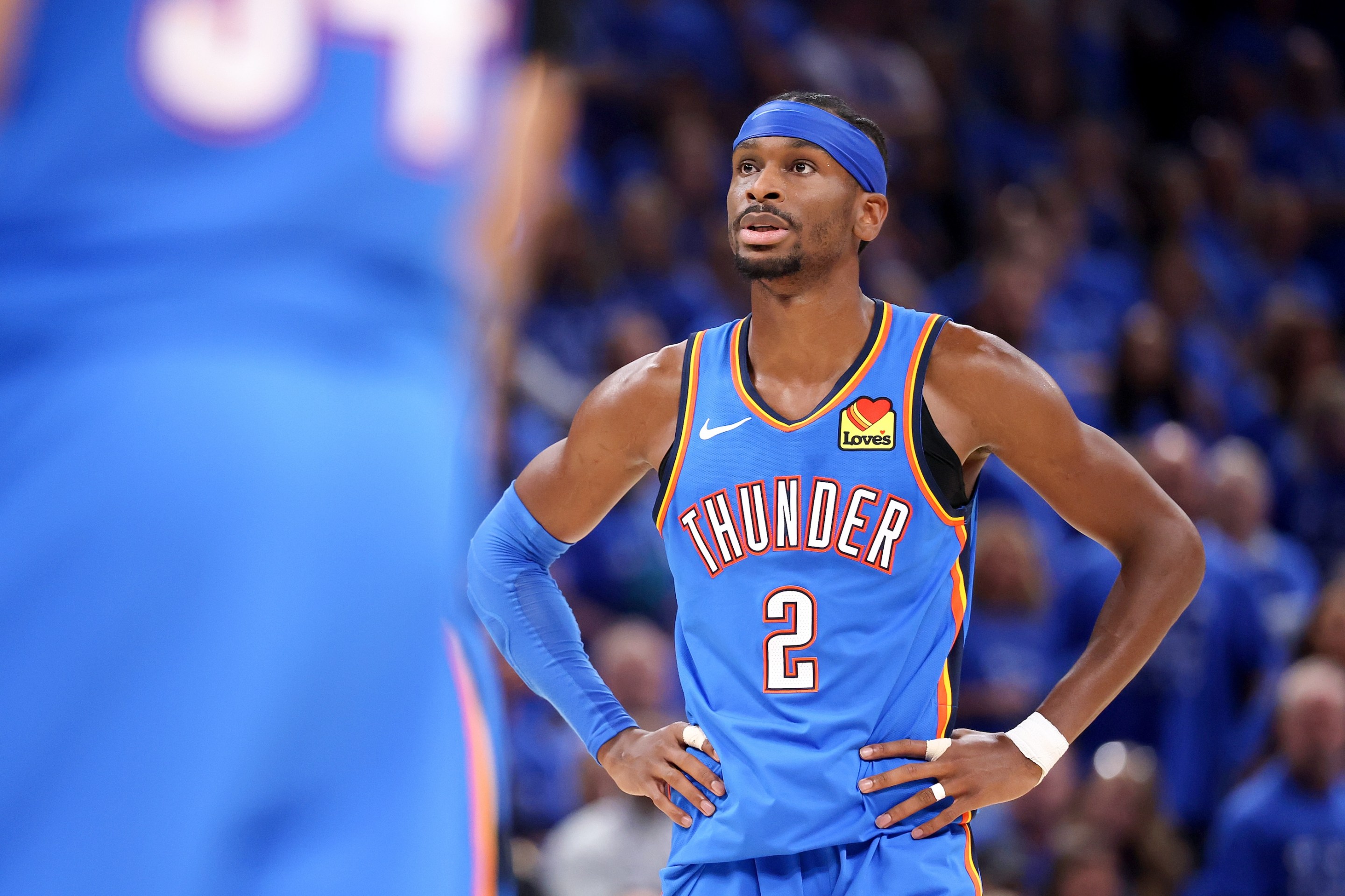 Shai Gilgeous-Alexander #2 of the Oklahoma City Thunder looks on against the San Antonio Spurs during the third quarter in Game Seven of the NBA Western Conference Finals.
