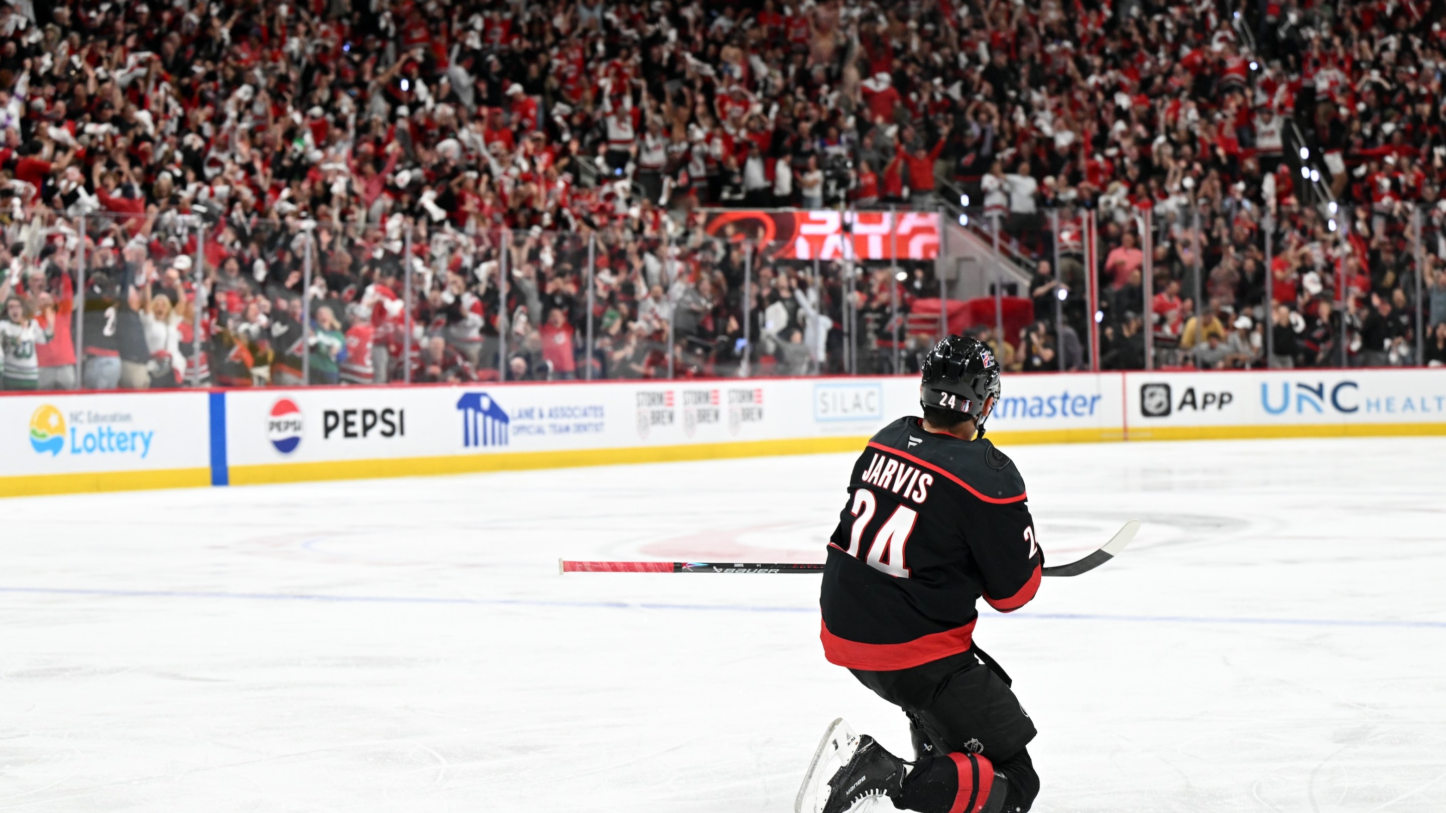 Seth Jarvis (number 24) of the Carolina Hurricanes celebrates toward the home crowd after scoring during game two of the NHL Stanley Cup Final between the Vegas Golden Knights and the Carolina Hurricanes on June 4, 2026.