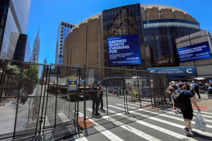A security fence is installed outside Madison Square Garden ahead of Game 3 of the NBA Finals