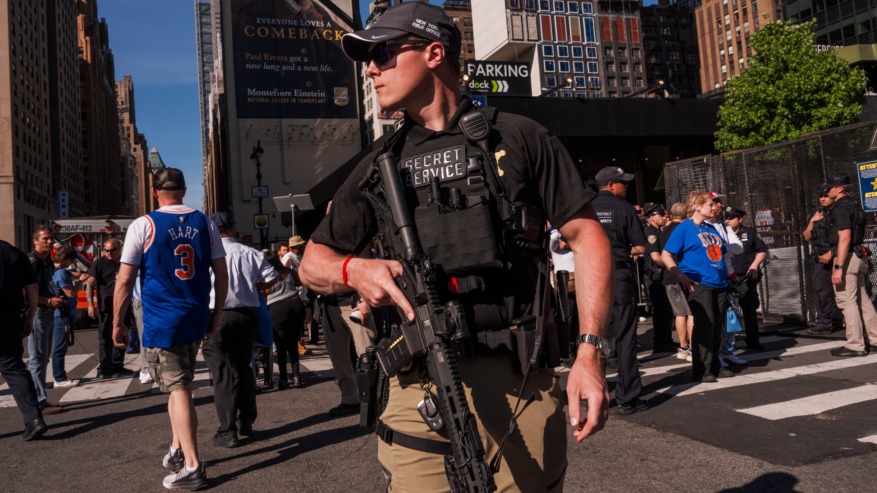 Members of the U.S. Secret Service patrol outside at Madison Square Garden ahead of Game 3