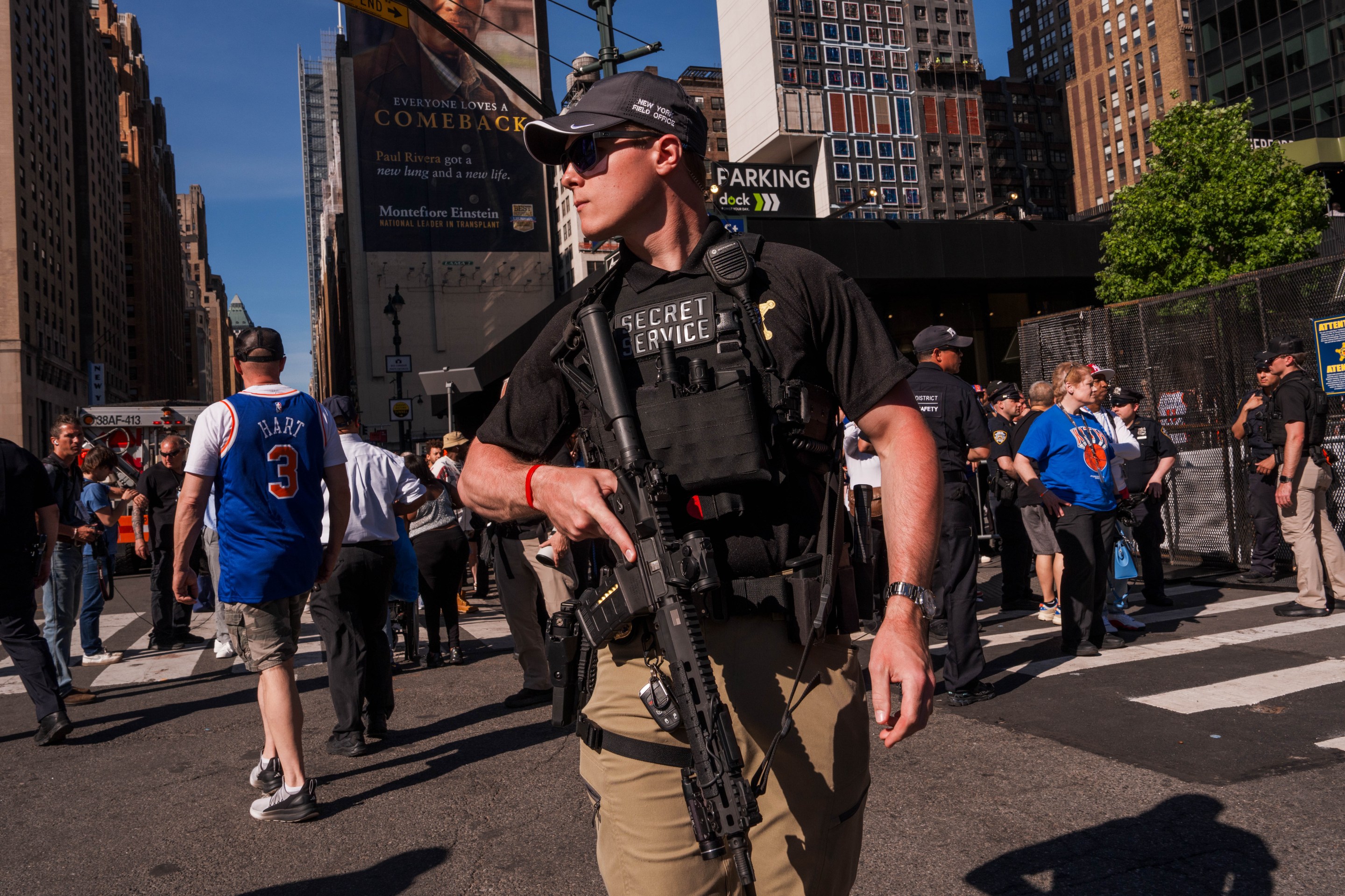 Members of the U.S. Secret Service patrol outside at Madison Square Garden ahead of Game 3
