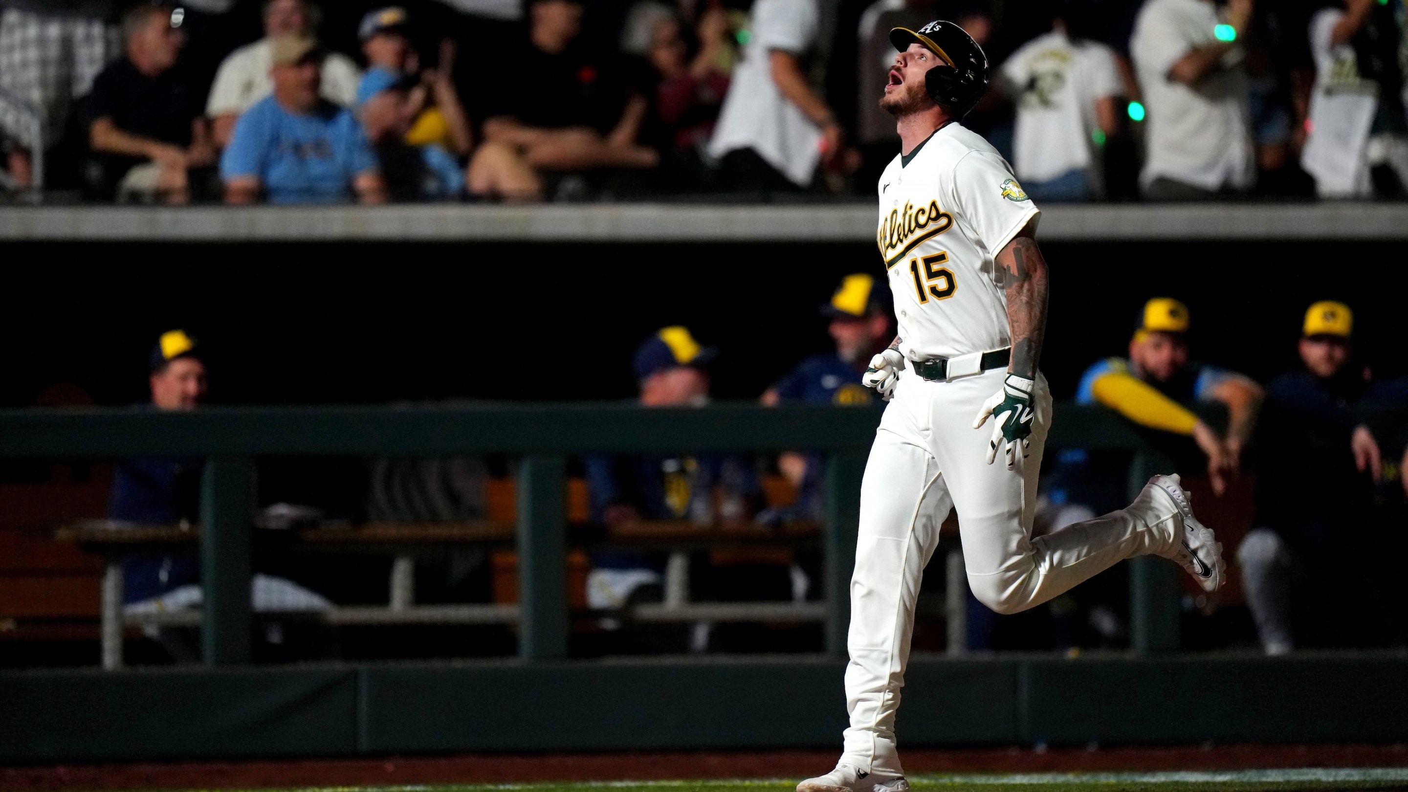 Jonah Heim of the Athletics celebrates a home run in the 10th inning during the game between the Milwaukee Brewers and the Athletics at Las Vegas Ballpark on Monday, June 8, 2026.