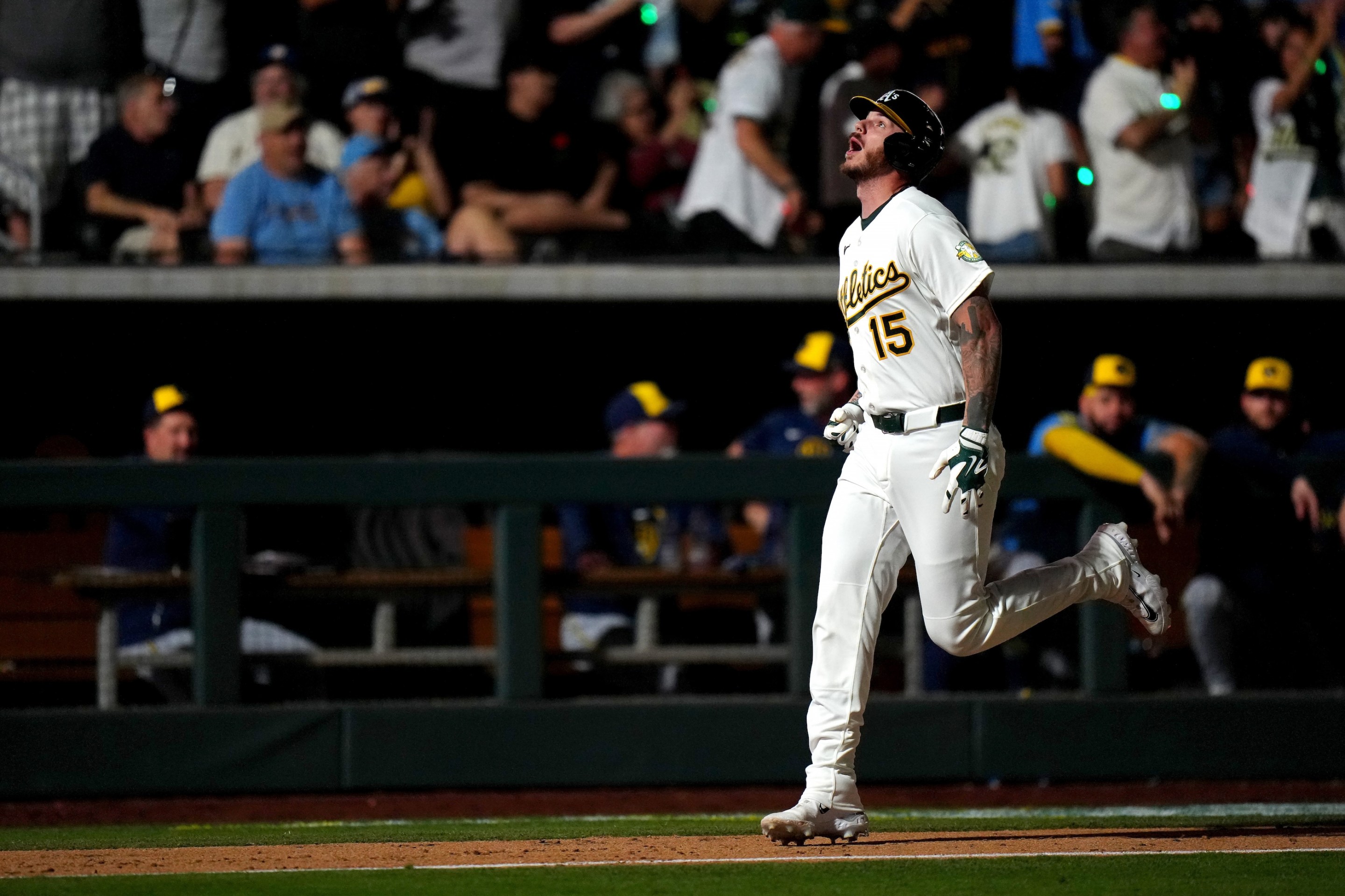 Jonah Heim of the Athletics celebrates a home run in the 10th inning during the game between the Milwaukee Brewers and the Athletics at Las Vegas Ballpark on Monday, June 8, 2026.