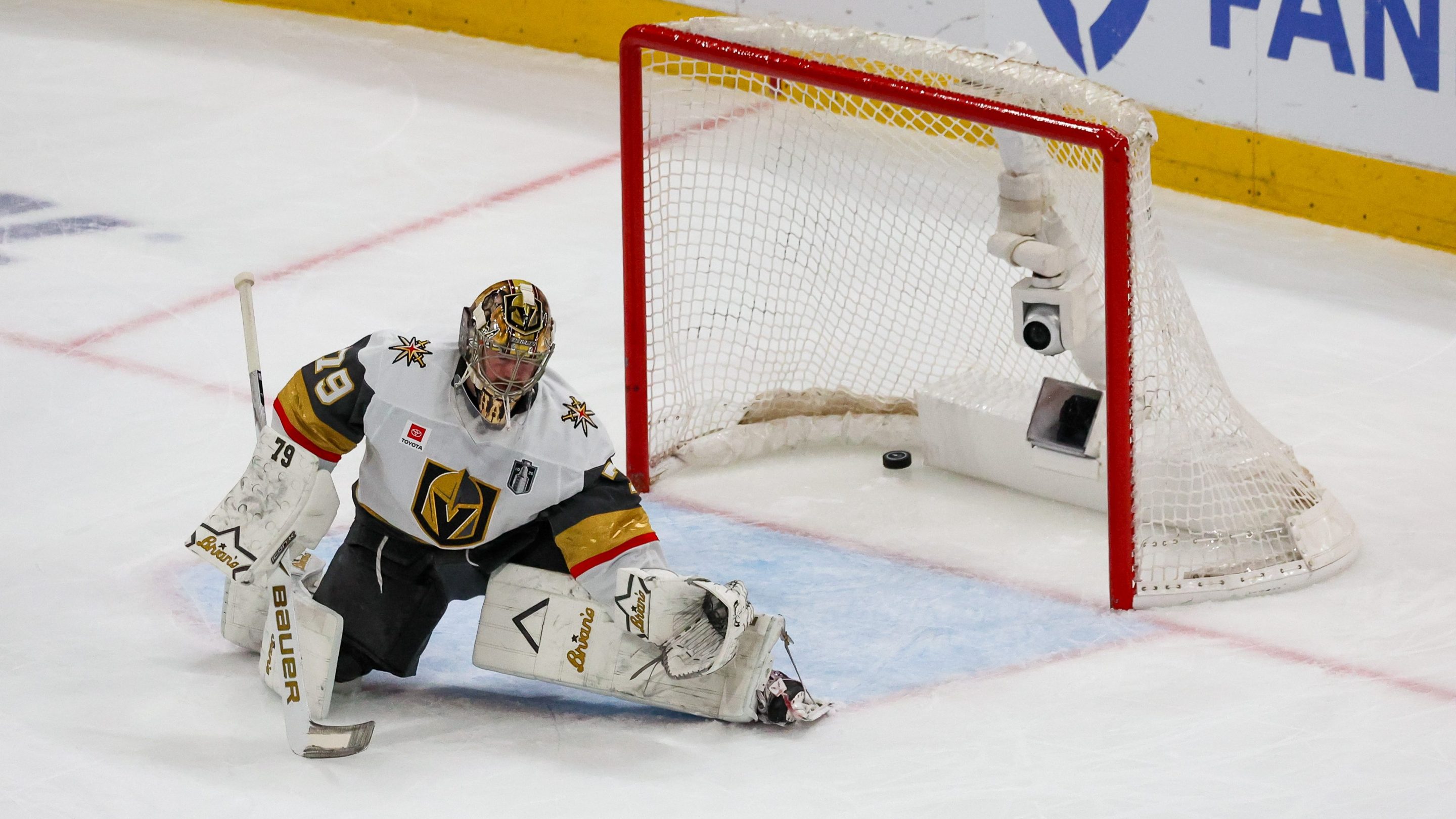 RALEIGH, NC - JUNE 11: The puck gets past Carter Hart #79 of the Vegas Golden Knights during game five of the NHL Stanley Cup Final between the Vegas Golden Knights and the Carolina Hurricanes on June 11, 2026 at Lenovo Center in Raleigh, NC. (Photo by Nicholas Faulkner/Icon Sportswire via Getty Images)