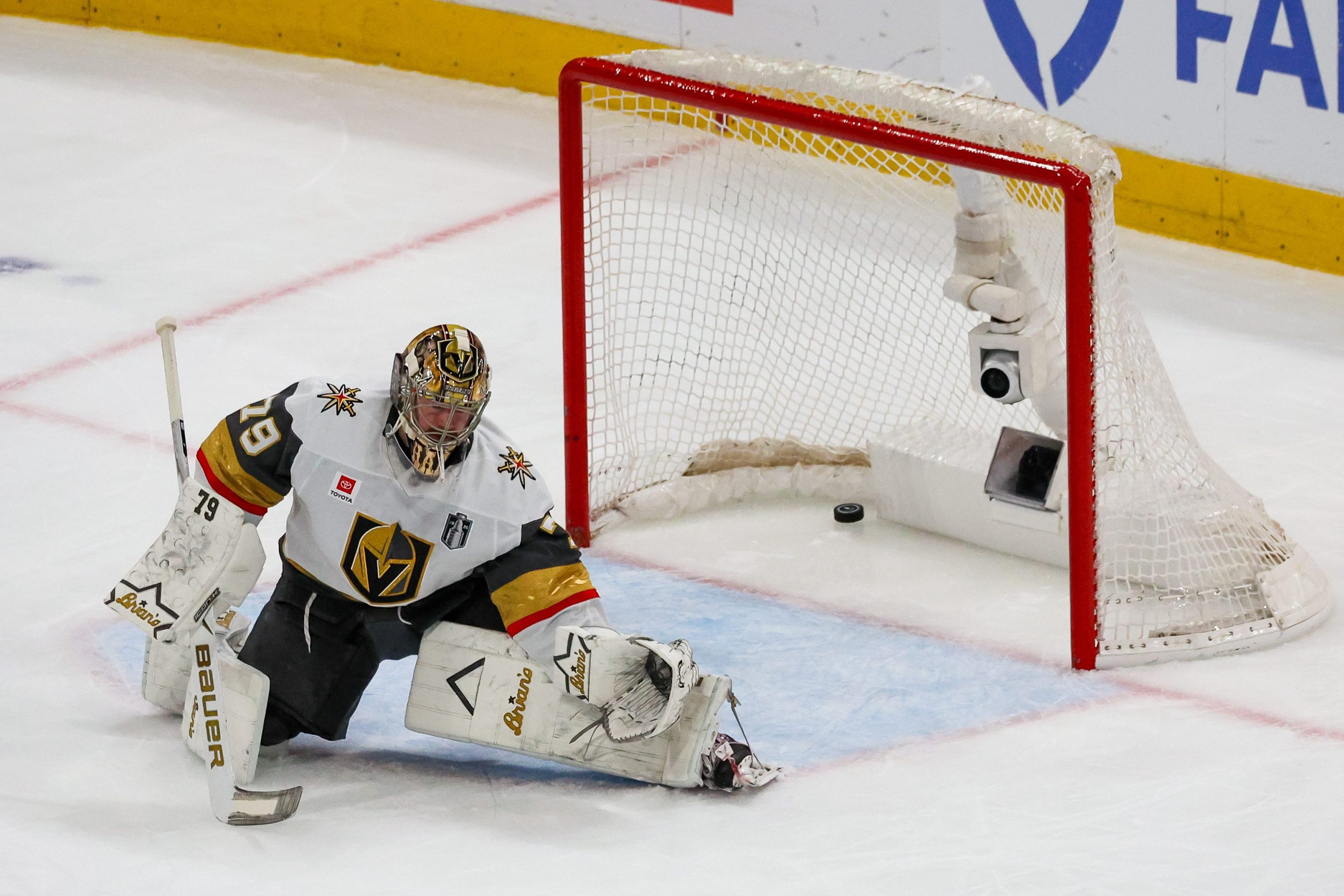 RALEIGH, NC - JUNE 11: The puck gets past Carter Hart #79 of the Vegas Golden Knights during game five of the NHL Stanley Cup Final between the Vegas Golden Knights and the Carolina Hurricanes on June 11, 2026 at Lenovo Center in Raleigh, NC. (Photo by Nicholas Faulkner/Icon Sportswire via Getty Images)