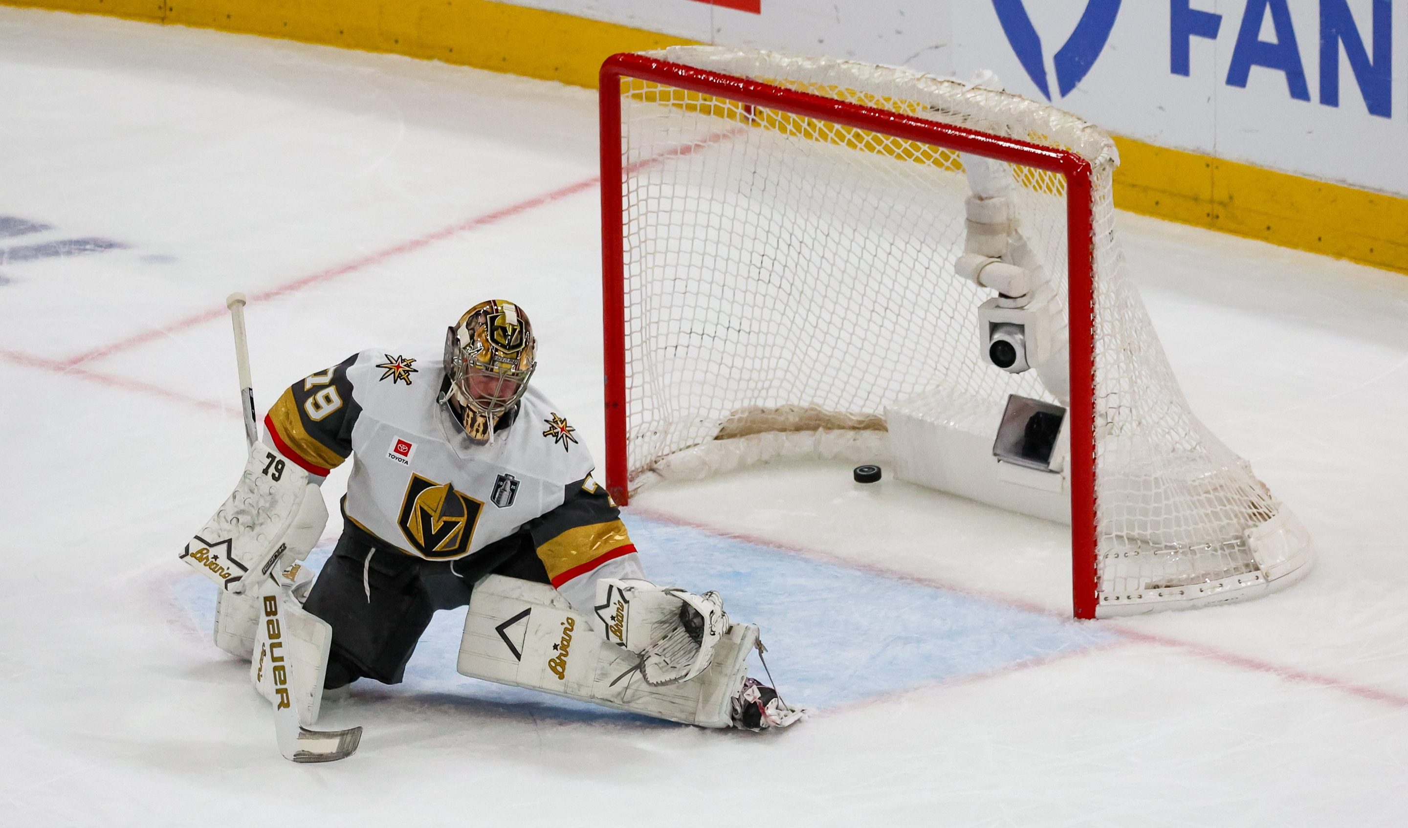 RALEIGH, NC - JUNE 11: The puck gets past Carter Hart #79 of the Vegas Golden Knights during game five of the NHL Stanley Cup Final between the Vegas Golden Knights and the Carolina Hurricanes on June 11, 2026 at Lenovo Center in Raleigh, NC. (Photo by Nicholas Faulkner/Icon Sportswire via Getty Images)