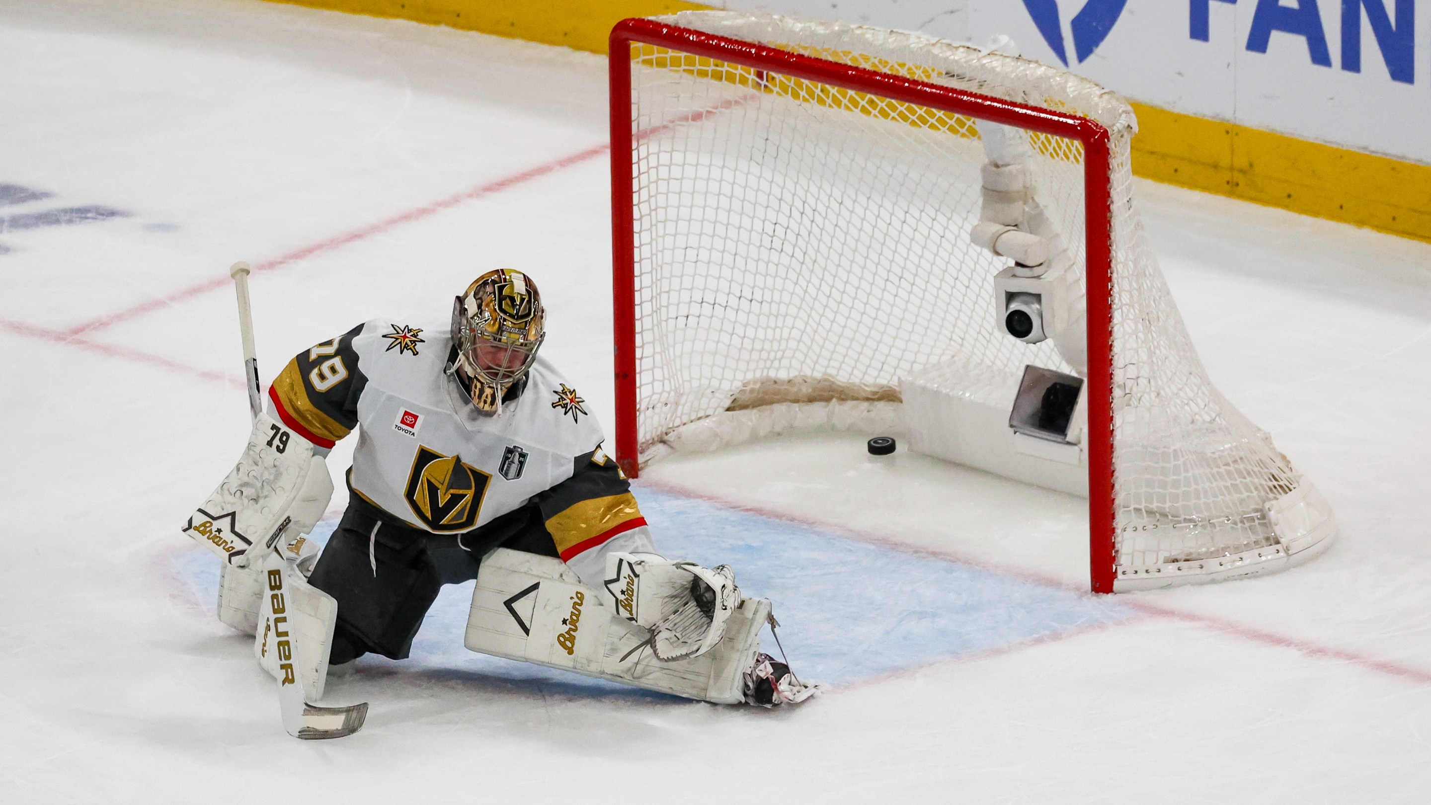 RALEIGH, NC - JUNE 11: The puck gets past Carter Hart #79 of the Vegas Golden Knights during game five of the NHL Stanley Cup Final between the Vegas Golden Knights and the Carolina Hurricanes on June 11, 2026 at Lenovo Center in Raleigh, NC. (Photo by Nicholas Faulkner/Icon Sportswire via Getty Images)