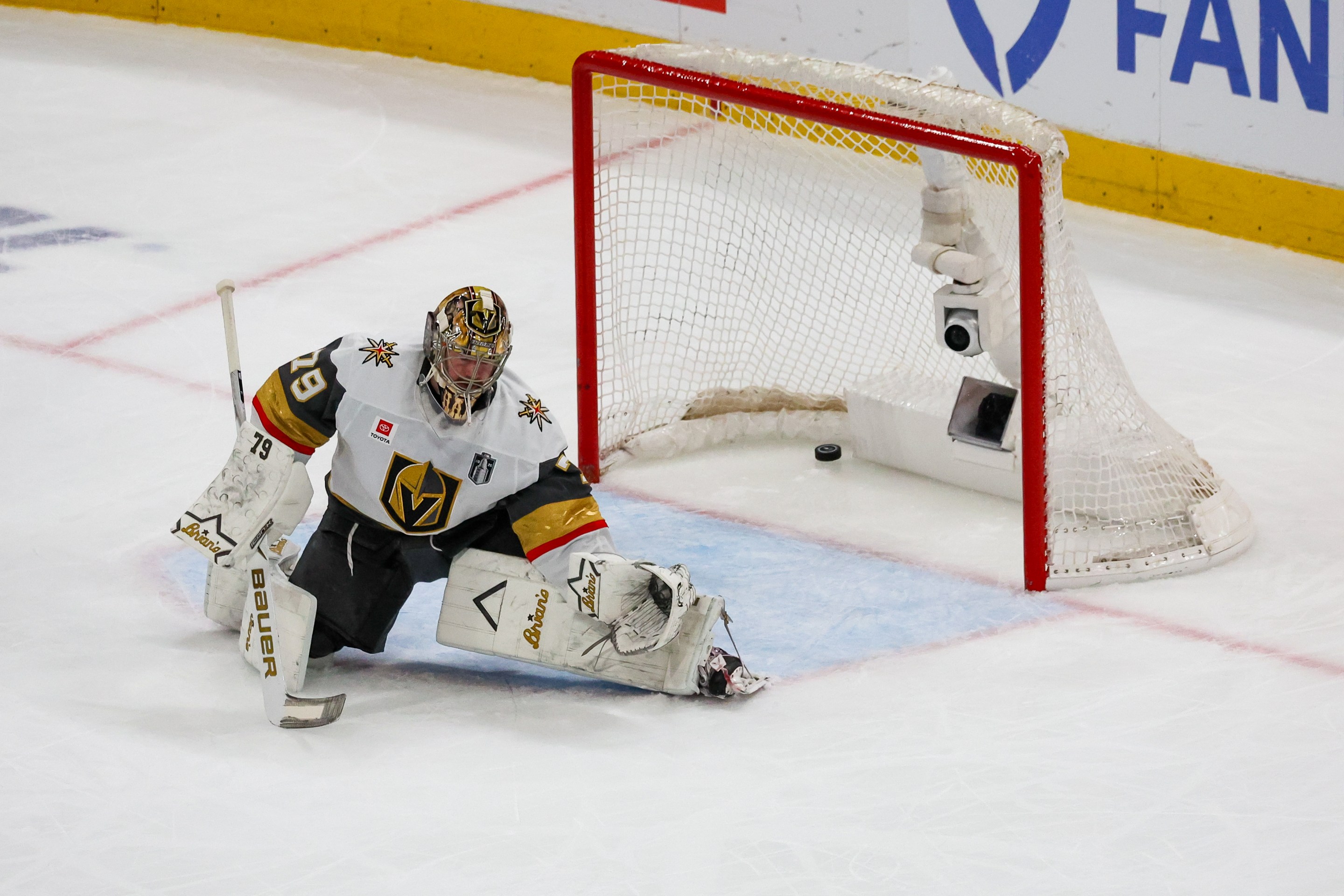 RALEIGH, NC - JUNE 11: The puck gets past Carter Hart #79 of the Vegas Golden Knights during game five of the NHL Stanley Cup Final between the Vegas Golden Knights and the Carolina Hurricanes on June 11, 2026 at Lenovo Center in Raleigh, NC. (Photo by Nicholas Faulkner/Icon Sportswire via Getty Images)