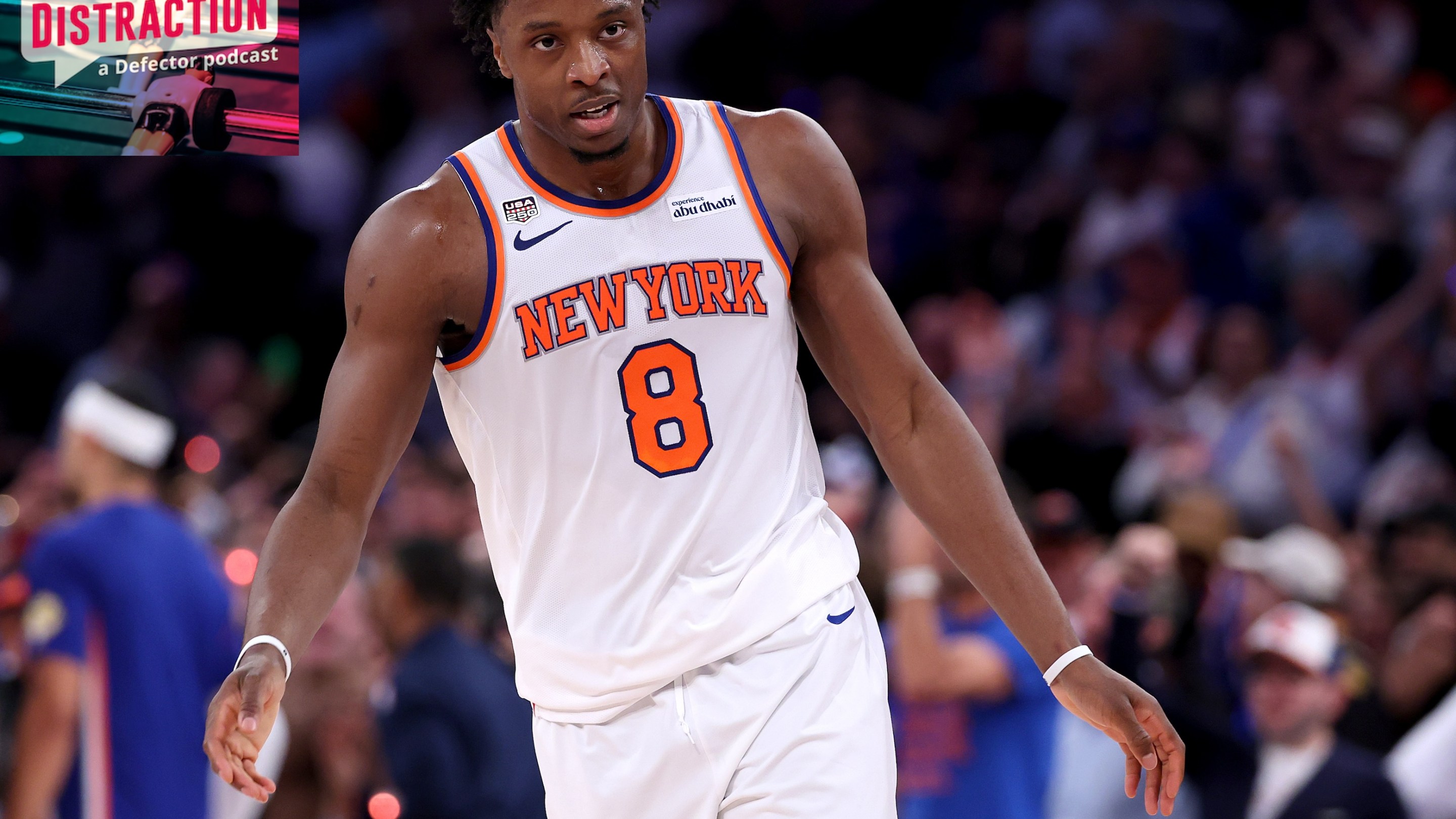 OG Anunoby of the New York Knicks reacts during the second quarter against the San Antonio Spurs in Game Three of the 2026 NBA Finals at Madison Square Garden on June 08, 2026 in New York City.