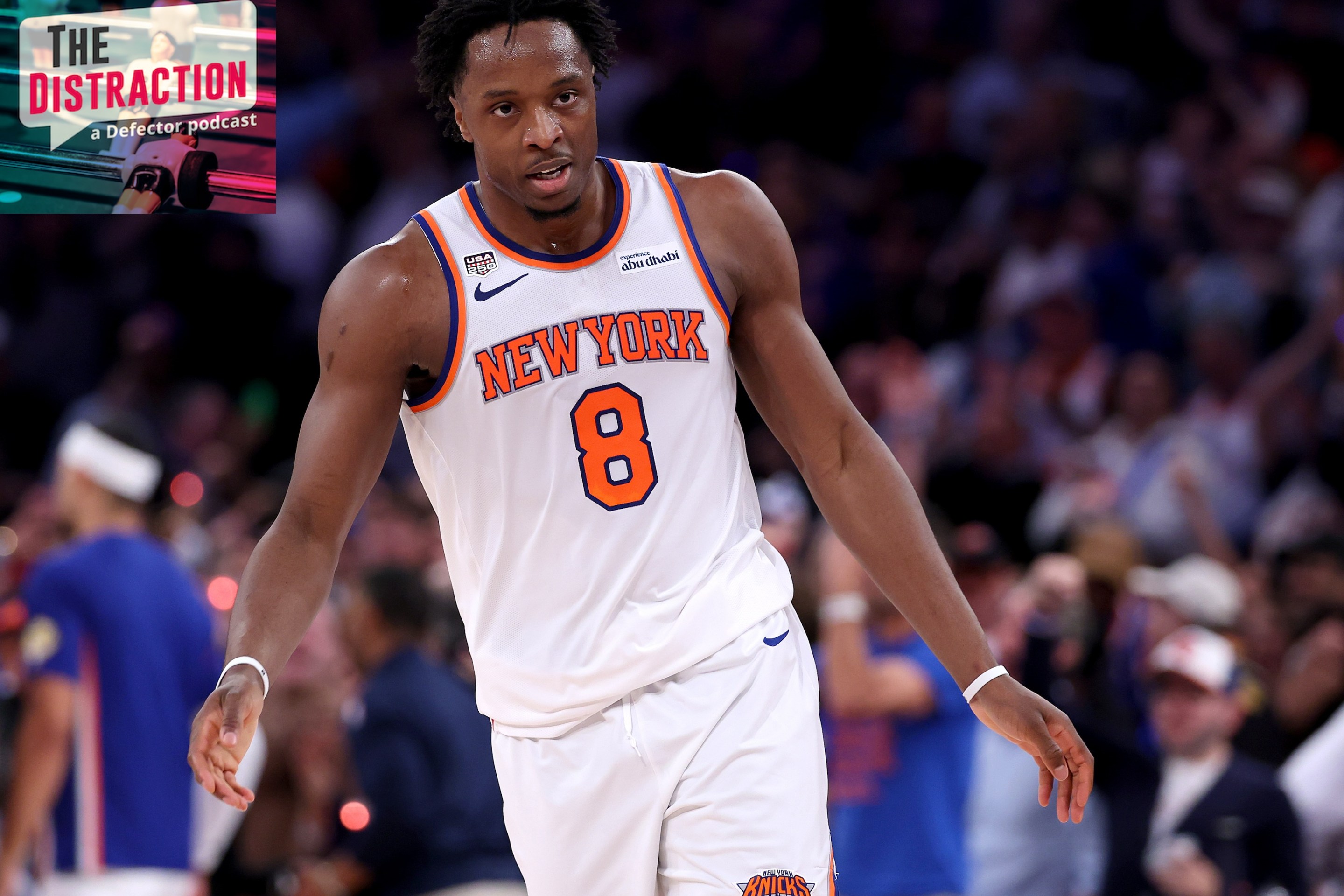 OG Anunoby of the New York Knicks reacts during the second quarter against the San Antonio Spurs in Game Three of the 2026 NBA Finals at Madison Square Garden on June 08, 2026 in New York City.