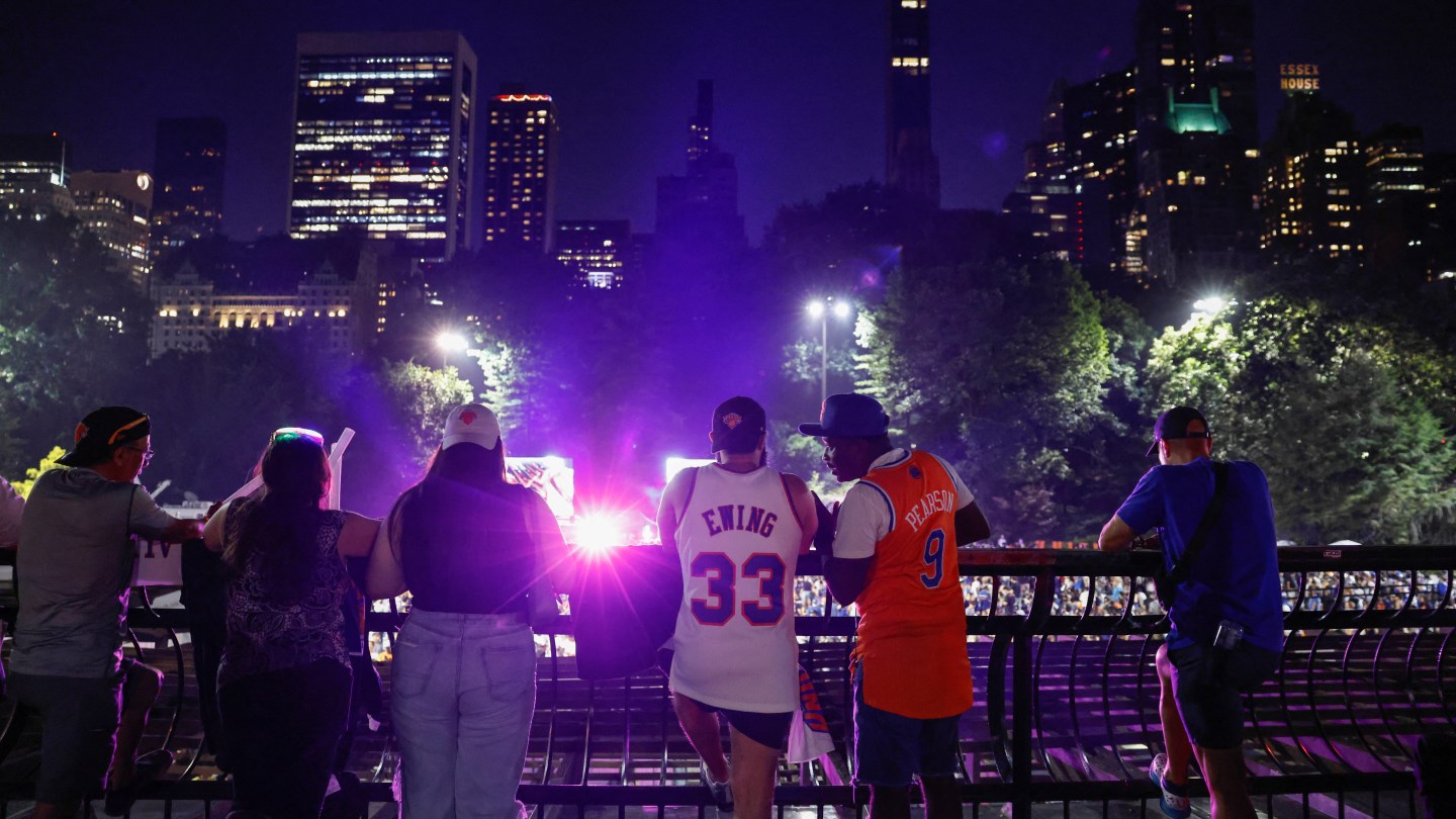 Knicks fans gather inside Wollman Rink in Central Park to watch Game 5 of the NBA finals between the New York Knicks and San Antonio Spurs, in New York, on June 13, 2026. (Photo by kena betancur / AFP via Getty Images)