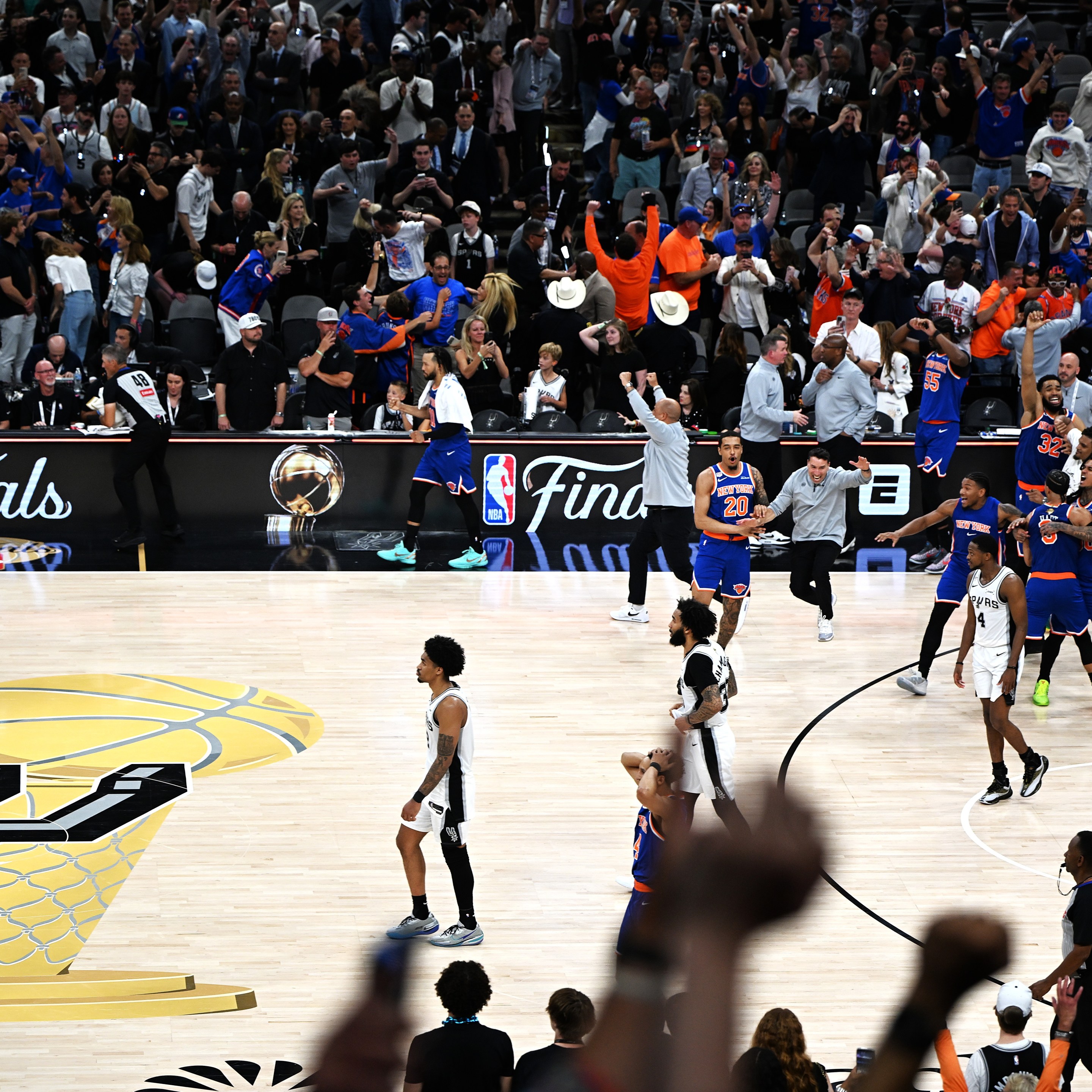 Players of New York Knicks celebrate after the final game 5 between New York Knicks and San Antonio Spurs at the 2025-2026 NBA basketball game in San Antonio, the United States, June 13, 2026. (Photo by Wu Xiaoling/Xinhua via Getty Images)