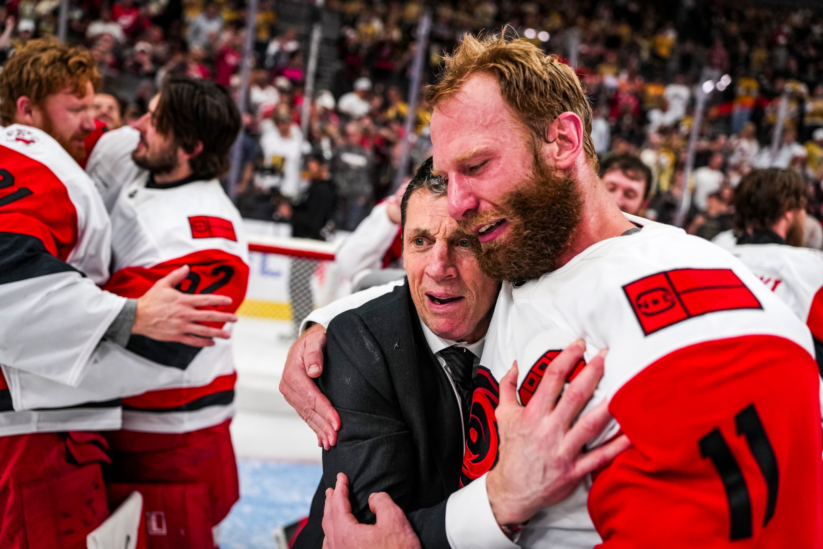 LAS VEGAS, NEVADA - JUNE 14: Carolina Hurricanes Head Coach Rod Brind'Amour celebrates Jordan Staal #11 on the ice after winning the 2026 Stanley Cup Final against the Vegas Golden Knights at T-Mobile Arena on June 14, 2026 in Las Vegas, Nevada. (Photo by Josh Lavallee/NHLI via Getty Images)