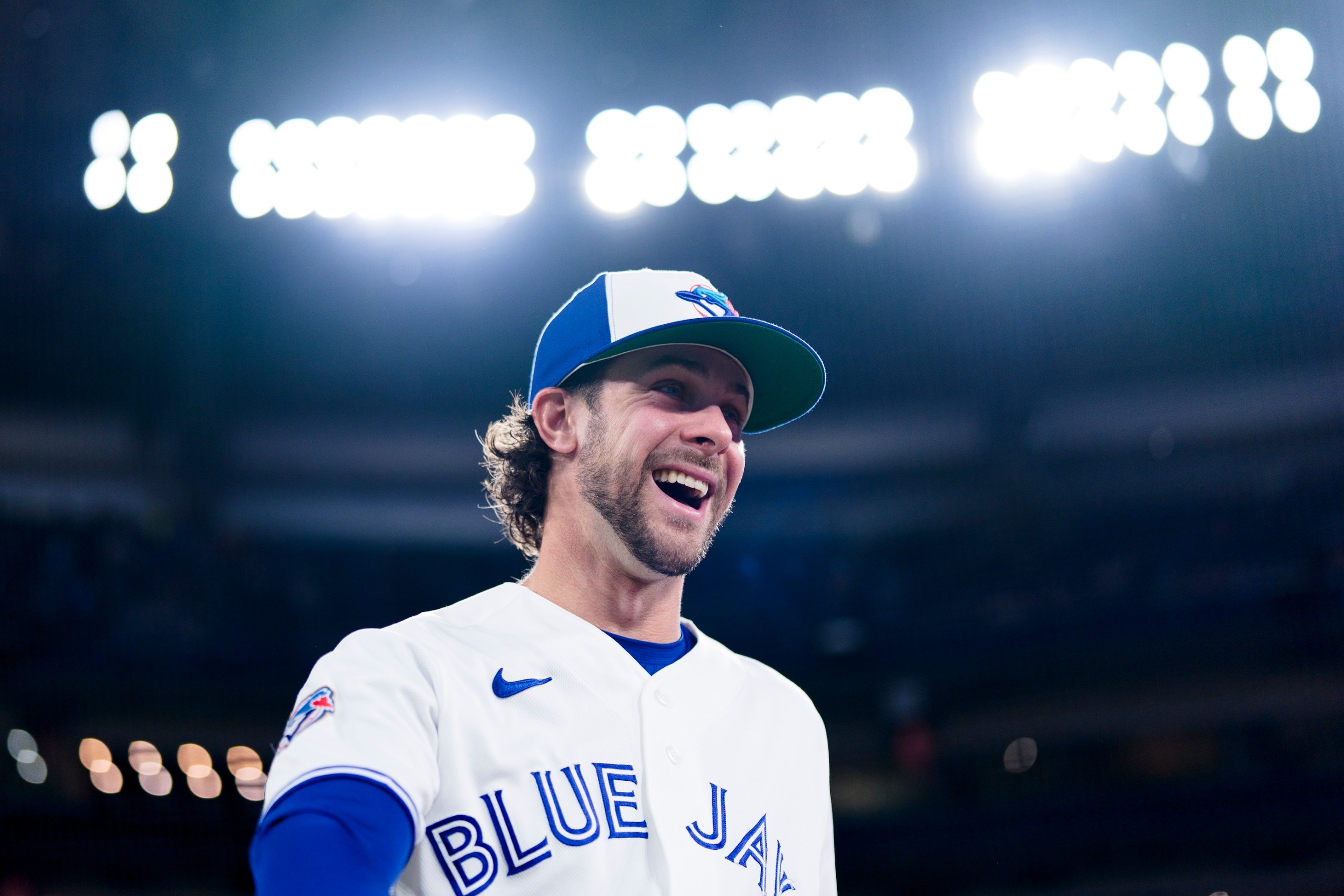 Ernie Clement #22 of the Toronto Blue Jays smiles ahead of playing against the Philadelphia Phillies in their MLB game at the Rogers Centre on June 9, 2026 in Toronto, Canada.