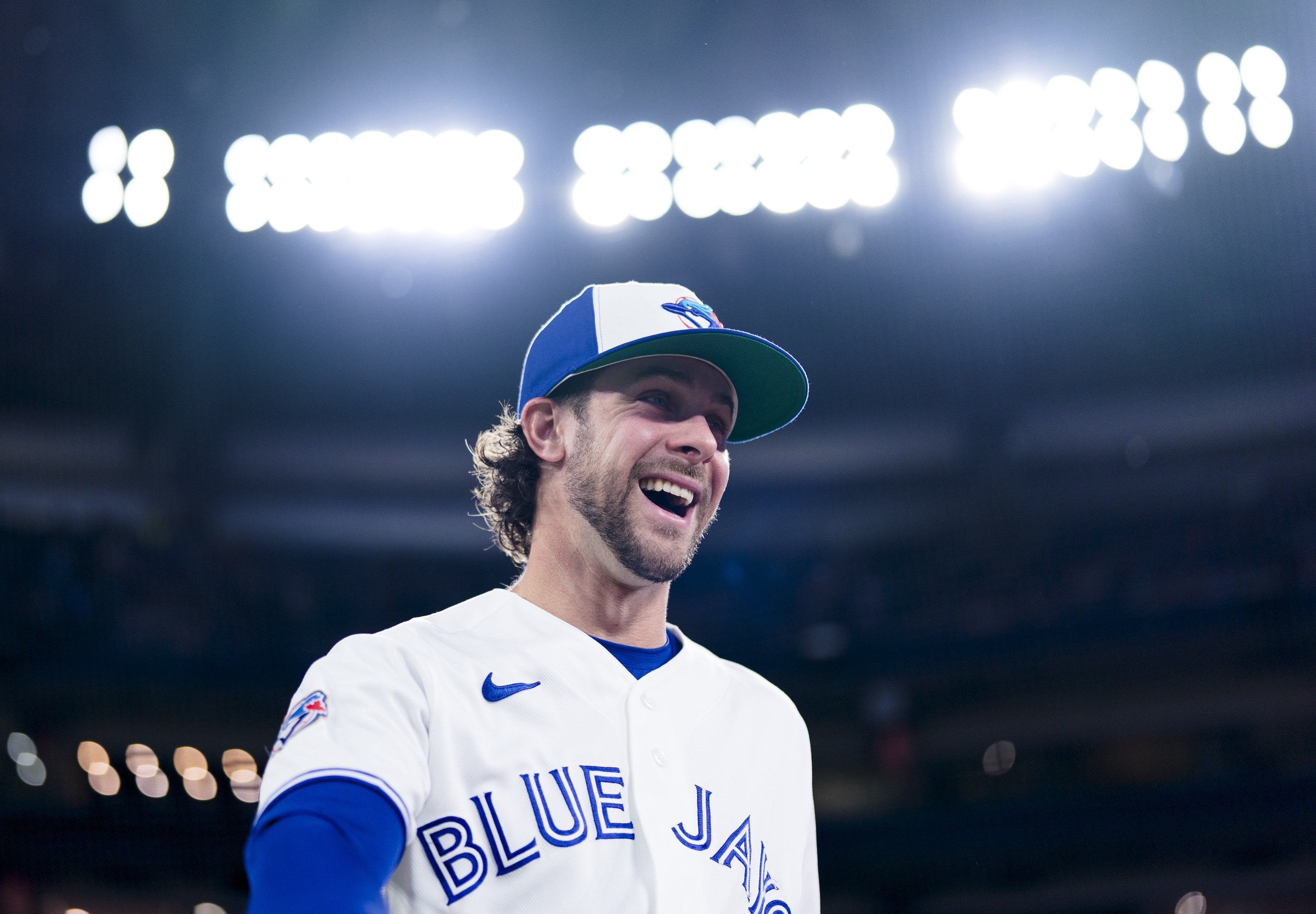 Ernie Clement #22 of the Toronto Blue Jays smiles ahead of playing against the Philadelphia Phillies in their MLB game at the Rogers Centre on June 9, 2026 in Toronto, Canada.