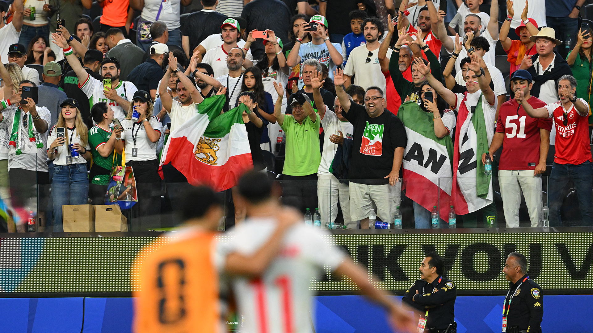 Iranian fans greet the players after the 2026 World Cup Group G football match between Iran and New Zealand at Los Angeles Stadium in Inglewood on June 15, 2026.