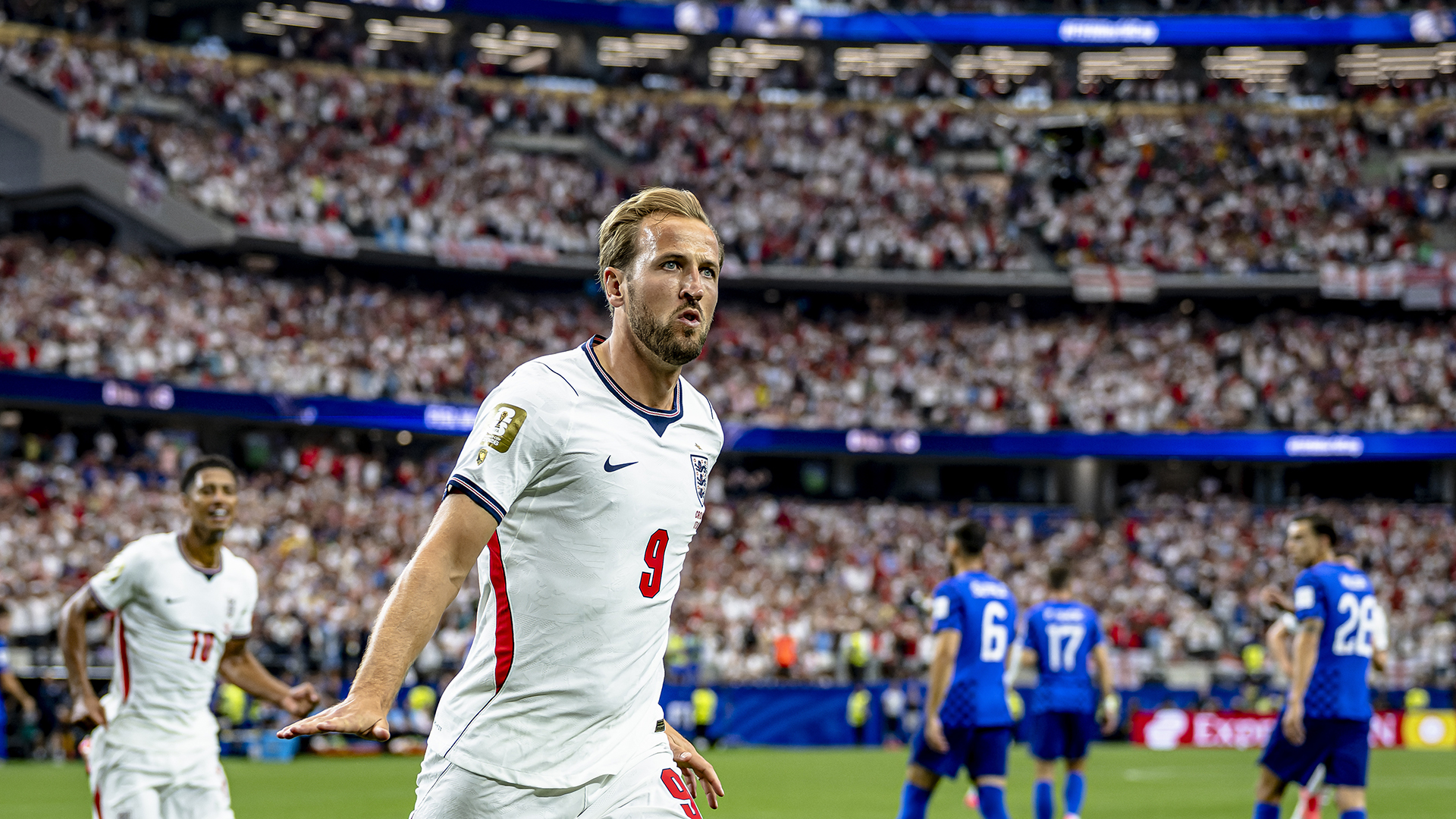 Harry Kane of England celebrates his 1-0 goal during the 2026 World Cup at AT&amp;T Stadium in Dallas, United States, on June 17, 2026.