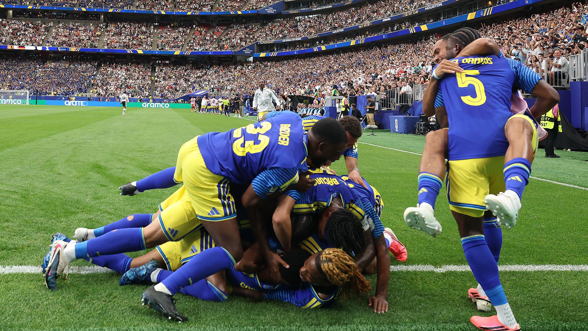 Livano Comenencia #8 of Curacao celebrates scoring his team's first goal during the FIFA World Cup 2026 Group E match between Germany and Curacao at Houston Stadium on June 14, 2026 in Houston, Texas.