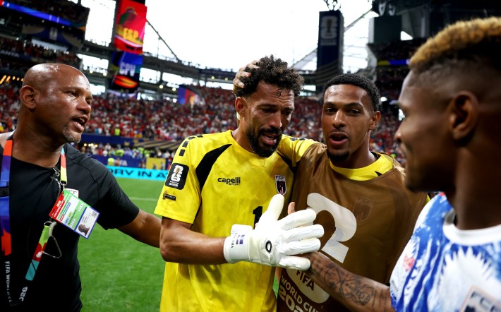 Vozinha #1 of Cabo Verde embraces teammates after the 0-0 draw during the FIFA World Cup 2026 Group H match between Spain and Cabo Verde at Atlanta Stadium on June 15, 2026 in Atlanta, Georgia.