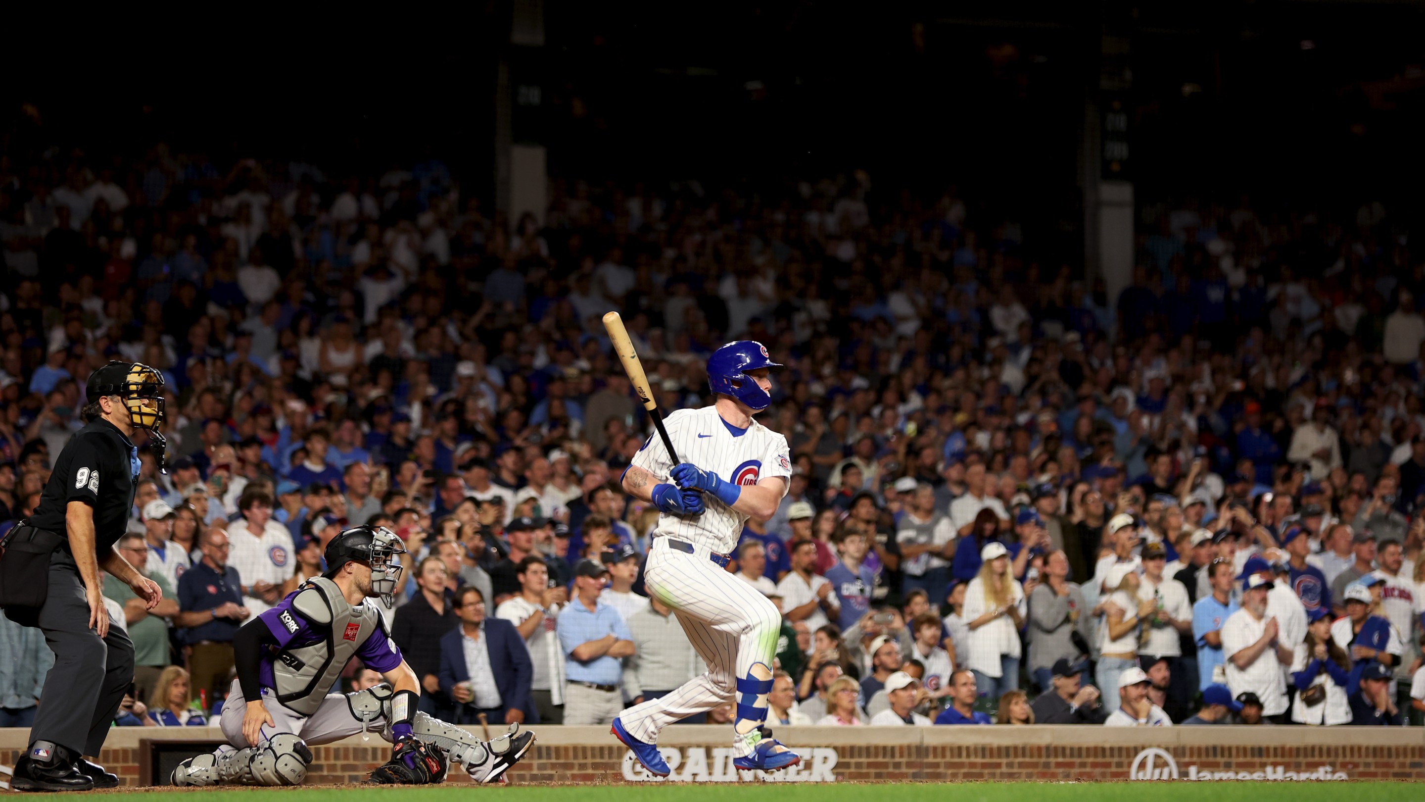 Pete Crow-Armstrong #4 of the Chicago Cubs hits a single to complete the cycle